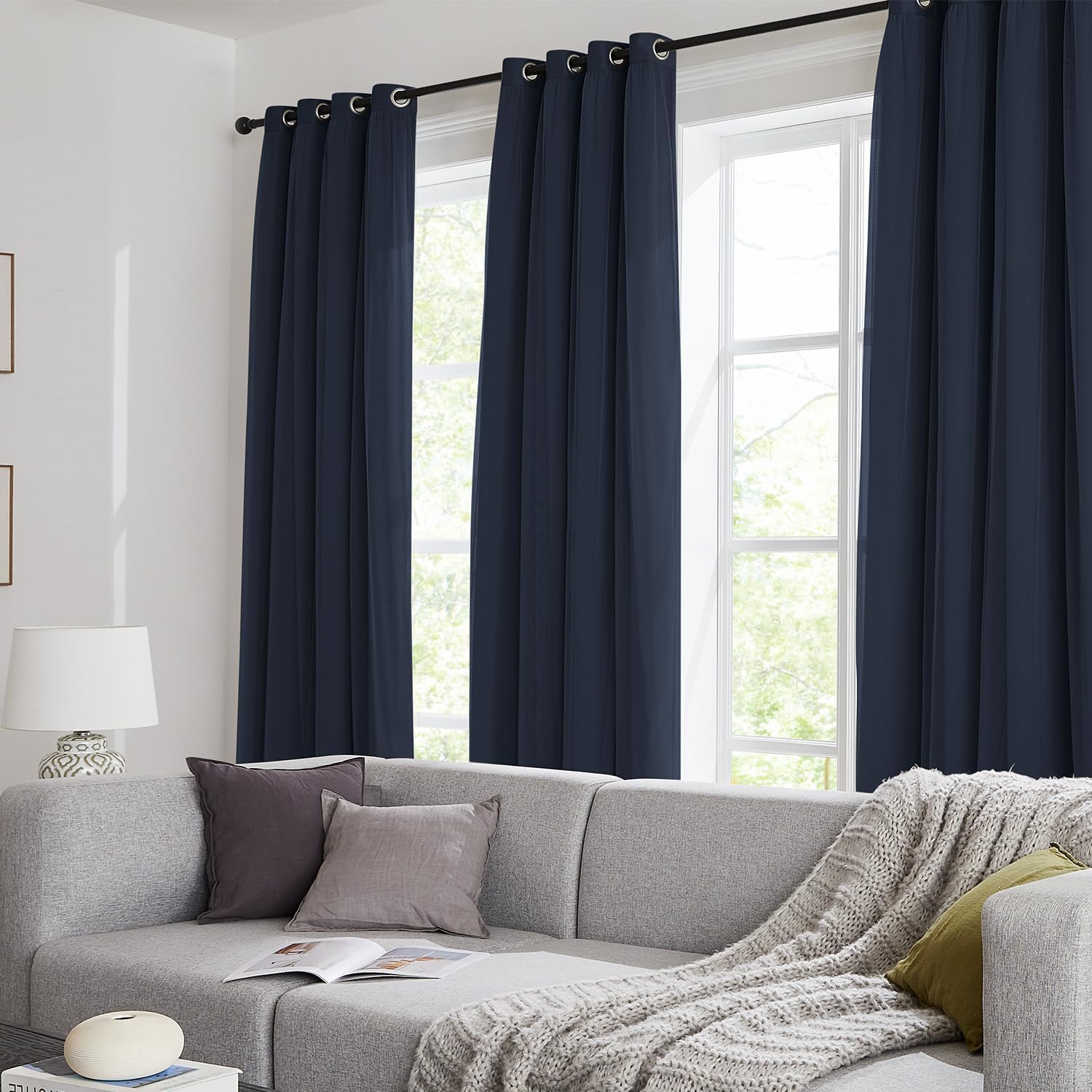 Swandream 100% Blackout Curtains for Bedroom, Double Layer Navy Blue Curtains, Black Out Curtain 84 inch long With Sheer Overlay for Living…