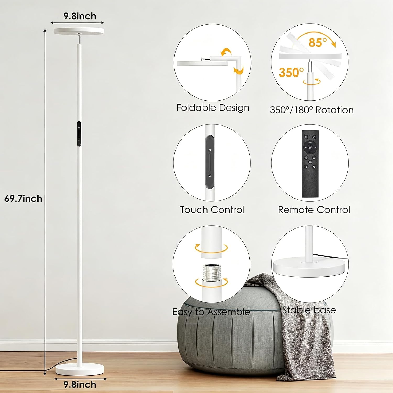Floor Lamps for Living Room, 32W 3000LM Super Bright LED Torchiere Floor Lamp with Remote & Touch Control, 69" Standing Lamp with…