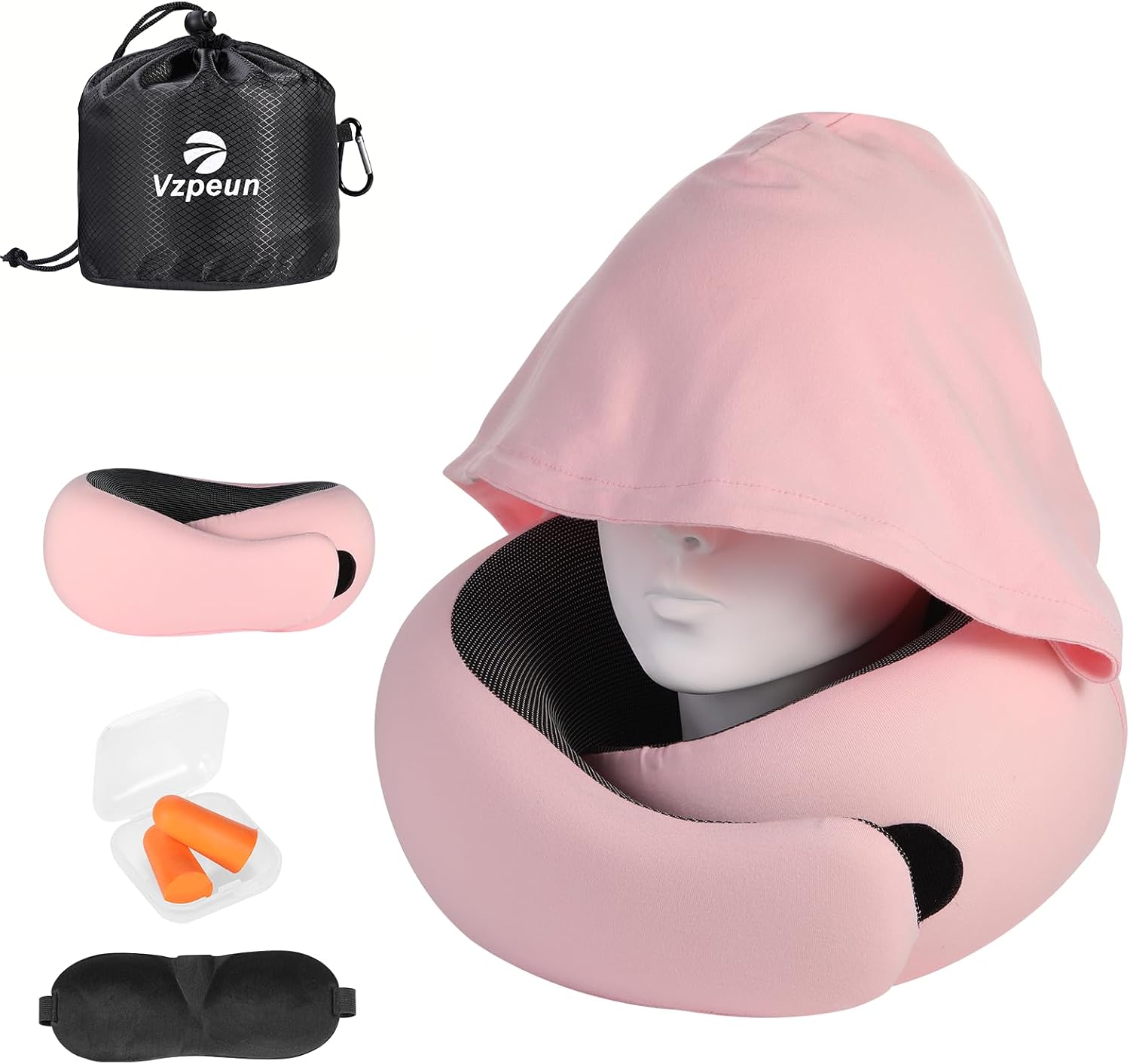 Vzpeun Travel Pillow - Hooded Neck Pillow Airplane Memory Foam Filling for Plane, Office, Cars Sleeping, Road Trip, Long Flights, Airplane…