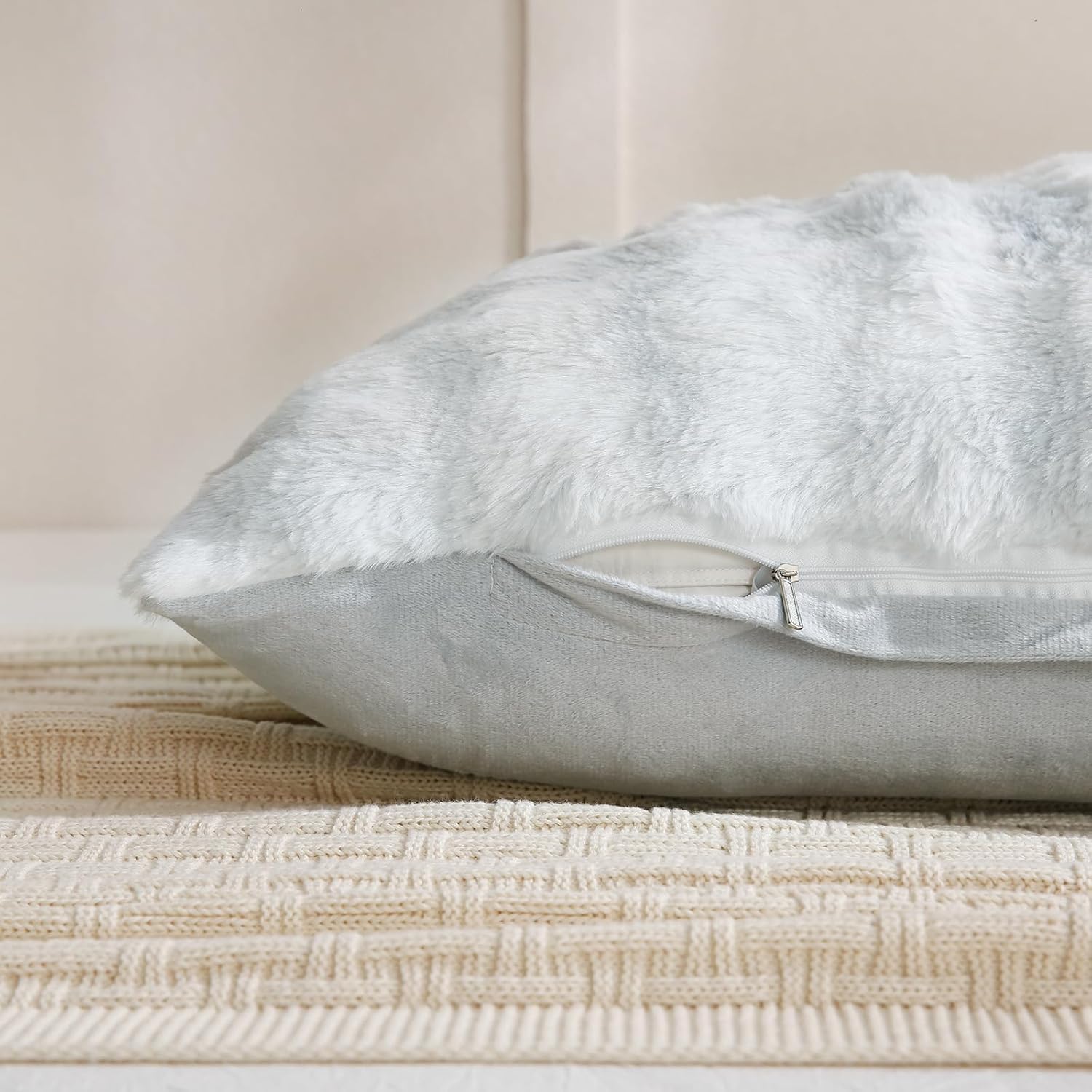 Chumerry Gray Fuzzy Pillow Case Faux Fur Pillow Cover Chic Plaid Check Texture Extra Soft Fluffy Plush Shaggy Fabric Tie Dye Decorative Pil…