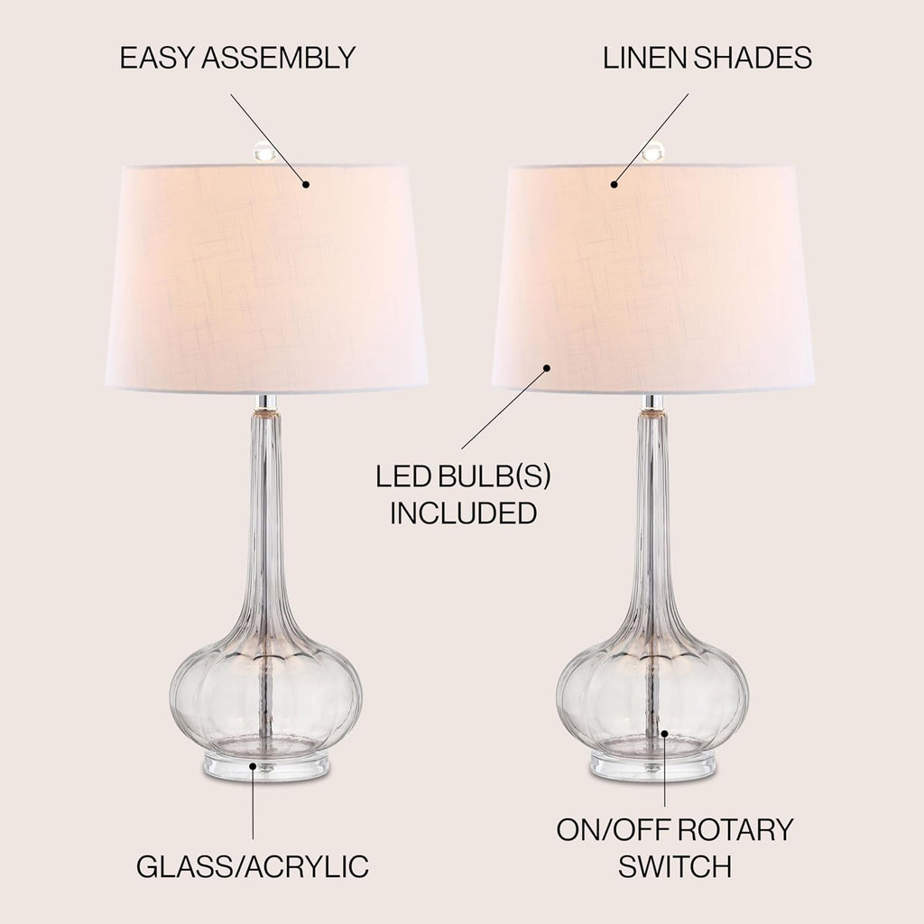 JONATHAN Y 28.5" Smoke Gray Glass Teardrop LED Table Lamp Set of 2 for Living Room Bedroom Nightstand, White Linen Shade Modern…