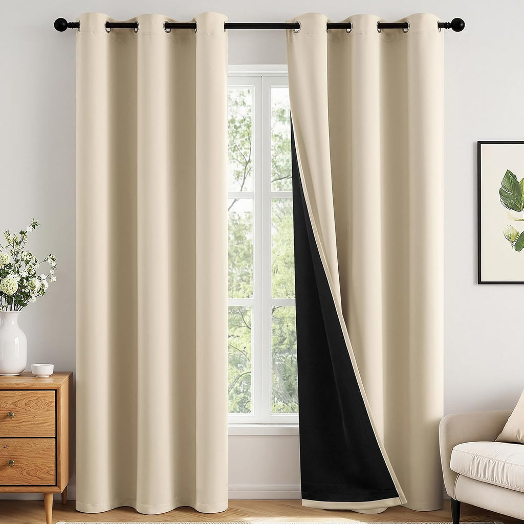 Miulee Cream Beige 100% Blackout Curtains for Bedroom 96 Inch Long, 2 Layers Thermal Insulated Black Out Window Curtains with Black Liner,…