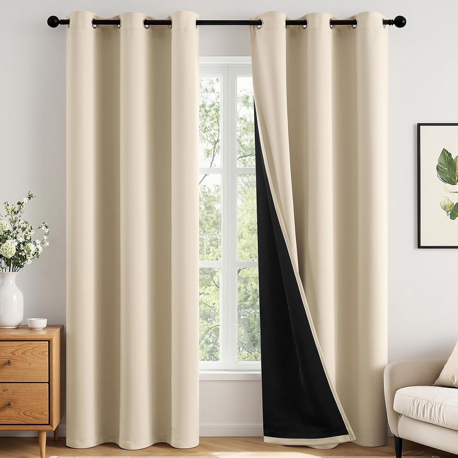 Miulee Cream Beige 100% Blackout Curtains for Bedroom 96 Inch Long, 2 Layers Thermal Insulated Black Out Window Curtains with Black Liner,…