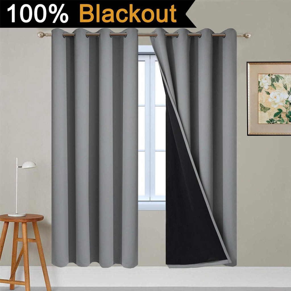 Yakamok Gray Full Shading Curtain Panels for Windows, 2 Thick Layers Thermal Insulated Drapes with Black Liner for Living Room(52Wx72L, Gre…