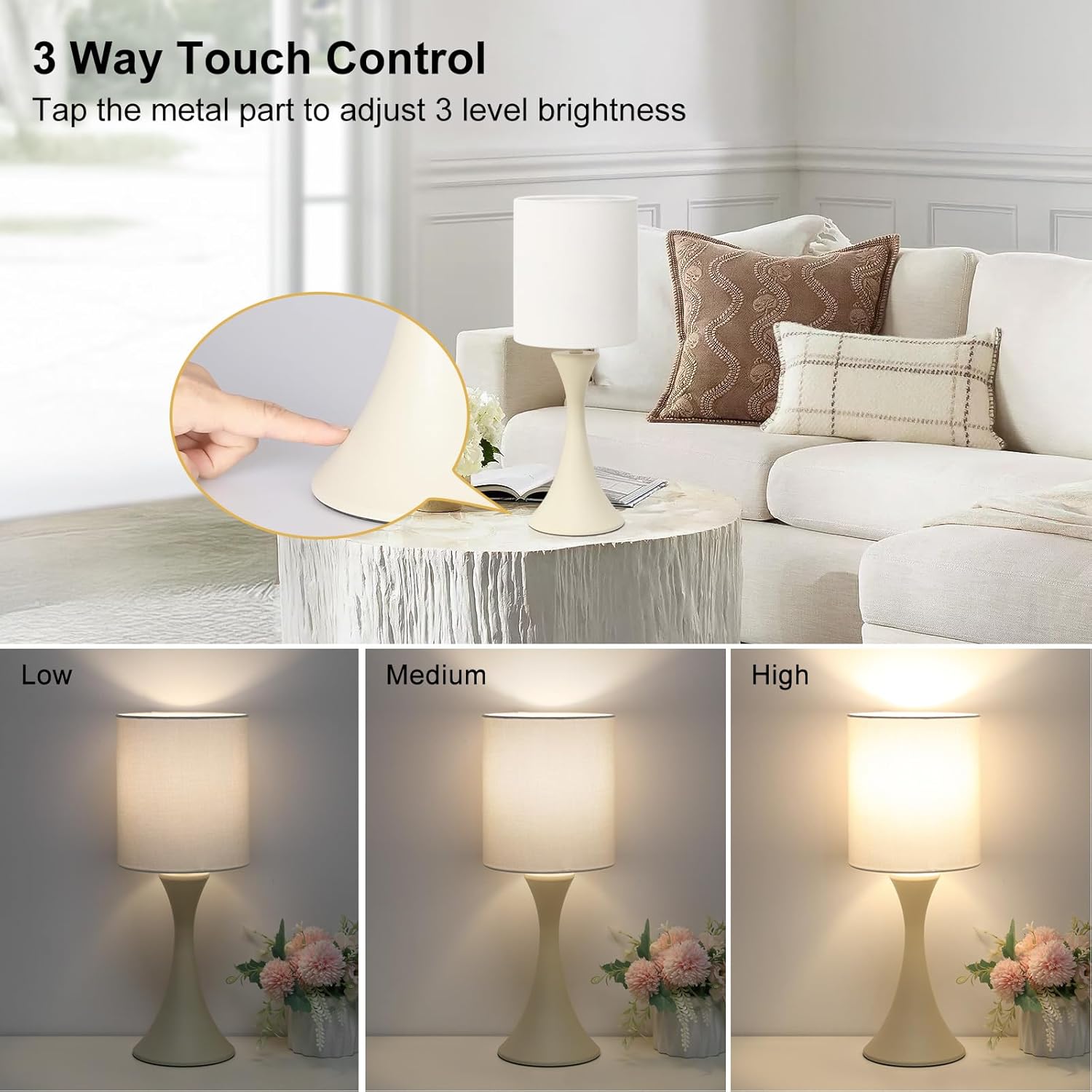 Seaside village Dimmable Bedside Lamp, 3 Way Touch Control Table Lamp, Modern Nightstand Lamp with Beige Shade and Cream Base, Small Desk…