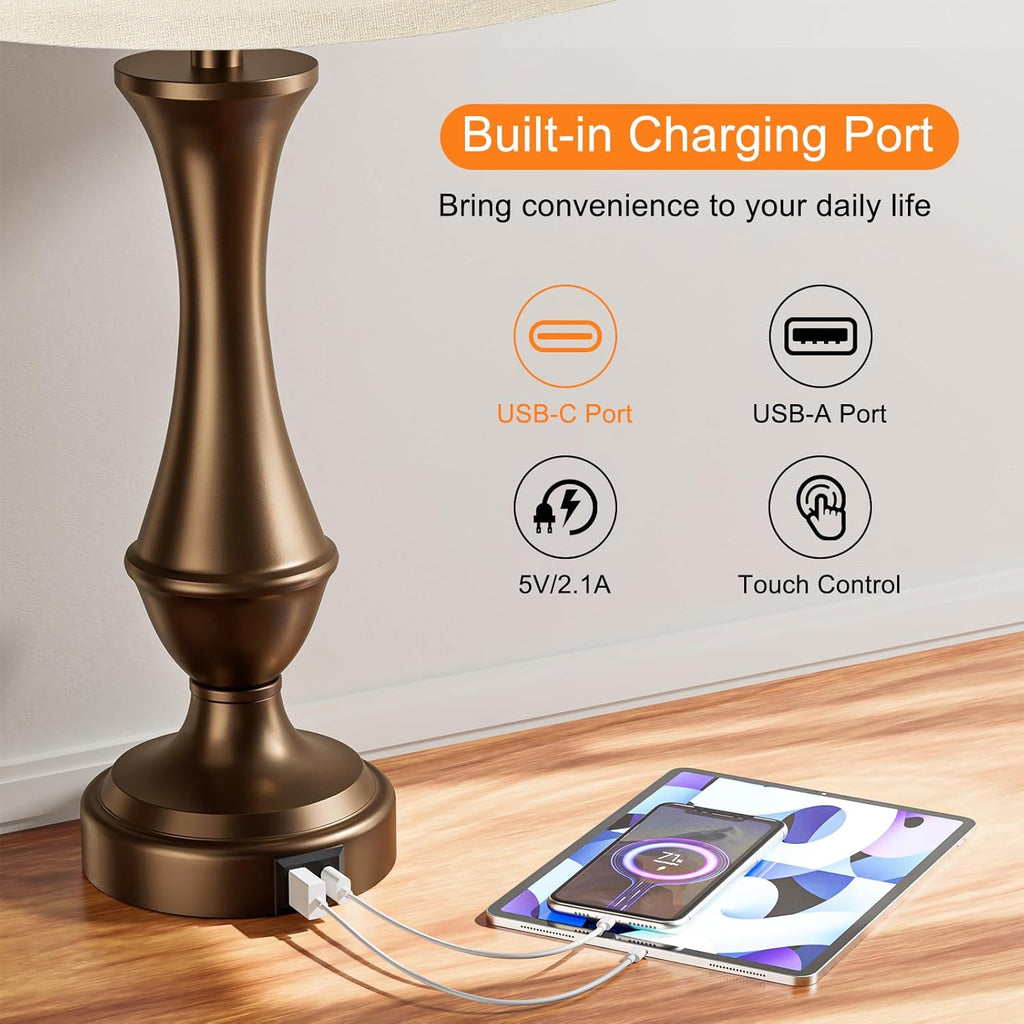 Seealle Upgraded Touch Lamps for Night Stands Set of 2 - Bedside Lamps with USB C+A, 3 Way Dimmable for Bedroom Living Room End Tables…