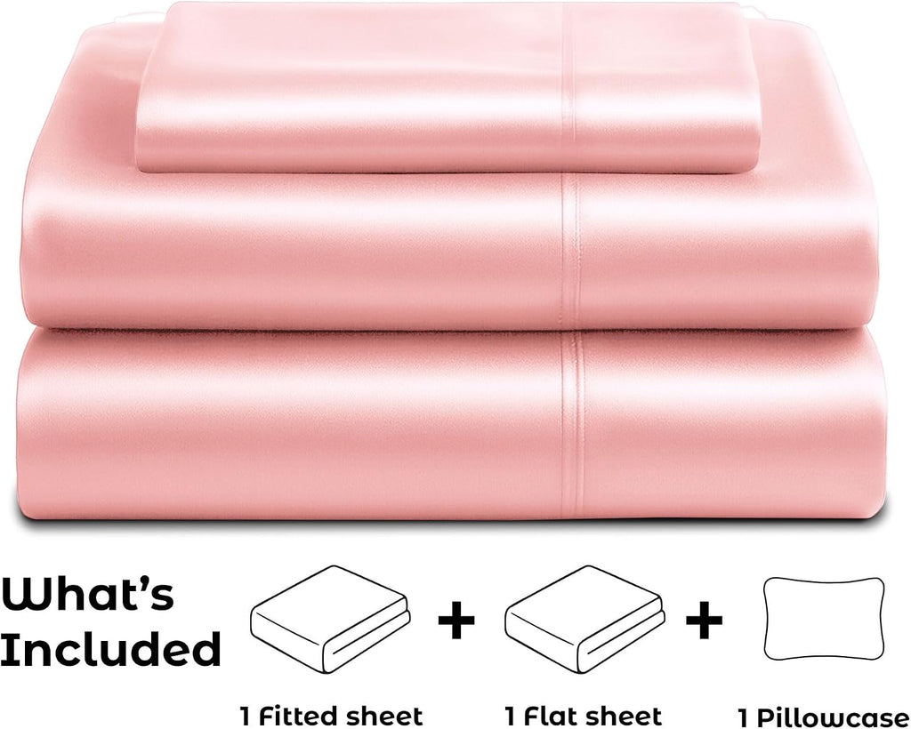PureBedding Satin Sheets Twin [3-Piece, Pink] Hotel Luxury Silky Bed Sheets - Extra Soft 1800 Microfiber Sheet Set, Wrinkle, Fade, Stain Re…