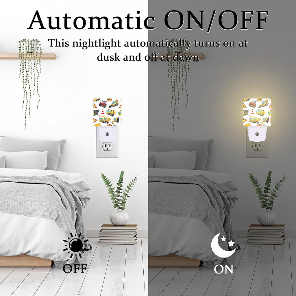 Cartoon Construction Vehicles Building Machines Night Light for Kids, Colorful Trucks Cars and Road Signs Night Light Plug in with Dusk to…