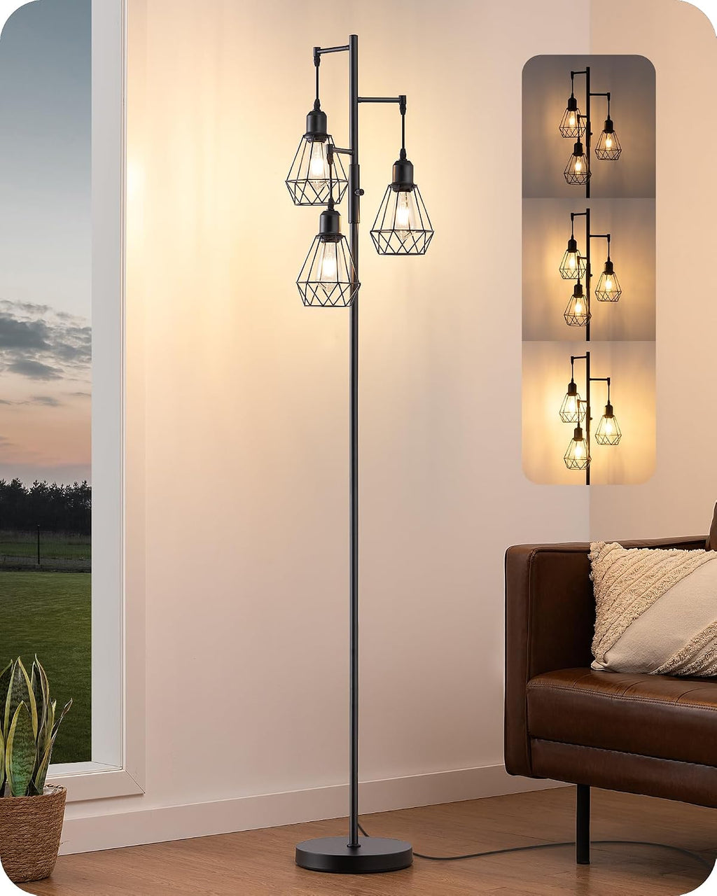 Edishine 70IN Farmhouse Floor Lamps for Living Room, Dimmable Industrial Tall Standing Lamps 3 LED Edison Bulbs Included, Diamond-Shaped Ca…