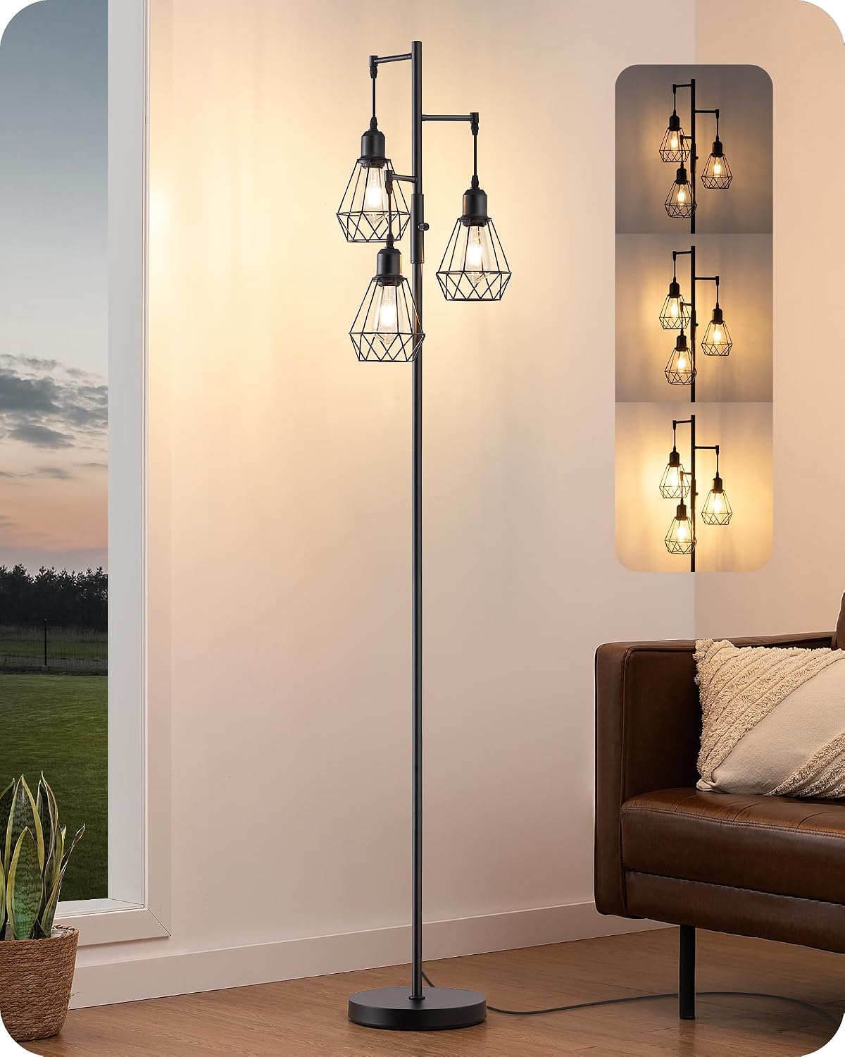 Edishine 70IN Farmhouse Floor Lamps for Living Room, Dimmable Industrial Tall Standing Lamps 3 LED Edison Bulbs Included, Diamond-Shaped Ca…