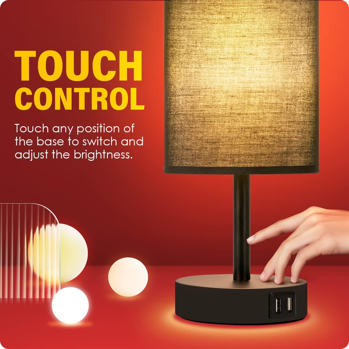 Yarra-Decor Bedside Lamp with USB Port - Touch Control Table Lamp for Bedroom 3 Way Dimmable Nightstand Lamp with Round Black Fabric…