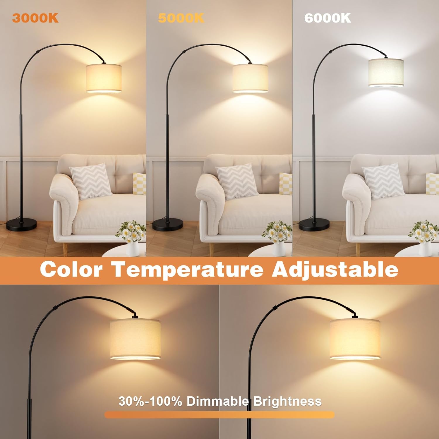 Ambimall 70 Dimmable Arc Floor Lamp with Remote, Color Temperatures and Brightness Adjustable, Arched Floor Lamp with Rotating Head, Over…