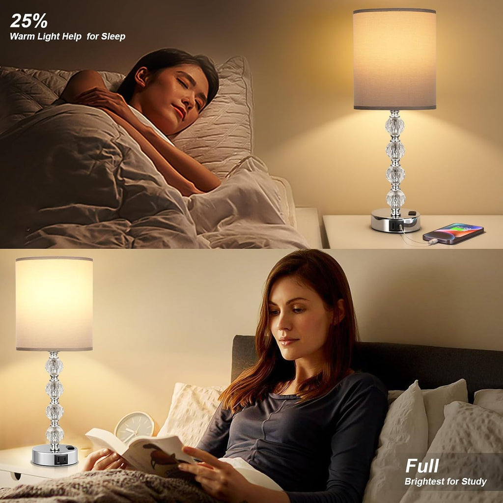 Touch Bedside Crystal Lamps for Bedrooms Nightstand with USB C+A Charging Port and AC Outlet White, 3 Way Dimmable Silver Large End Side…