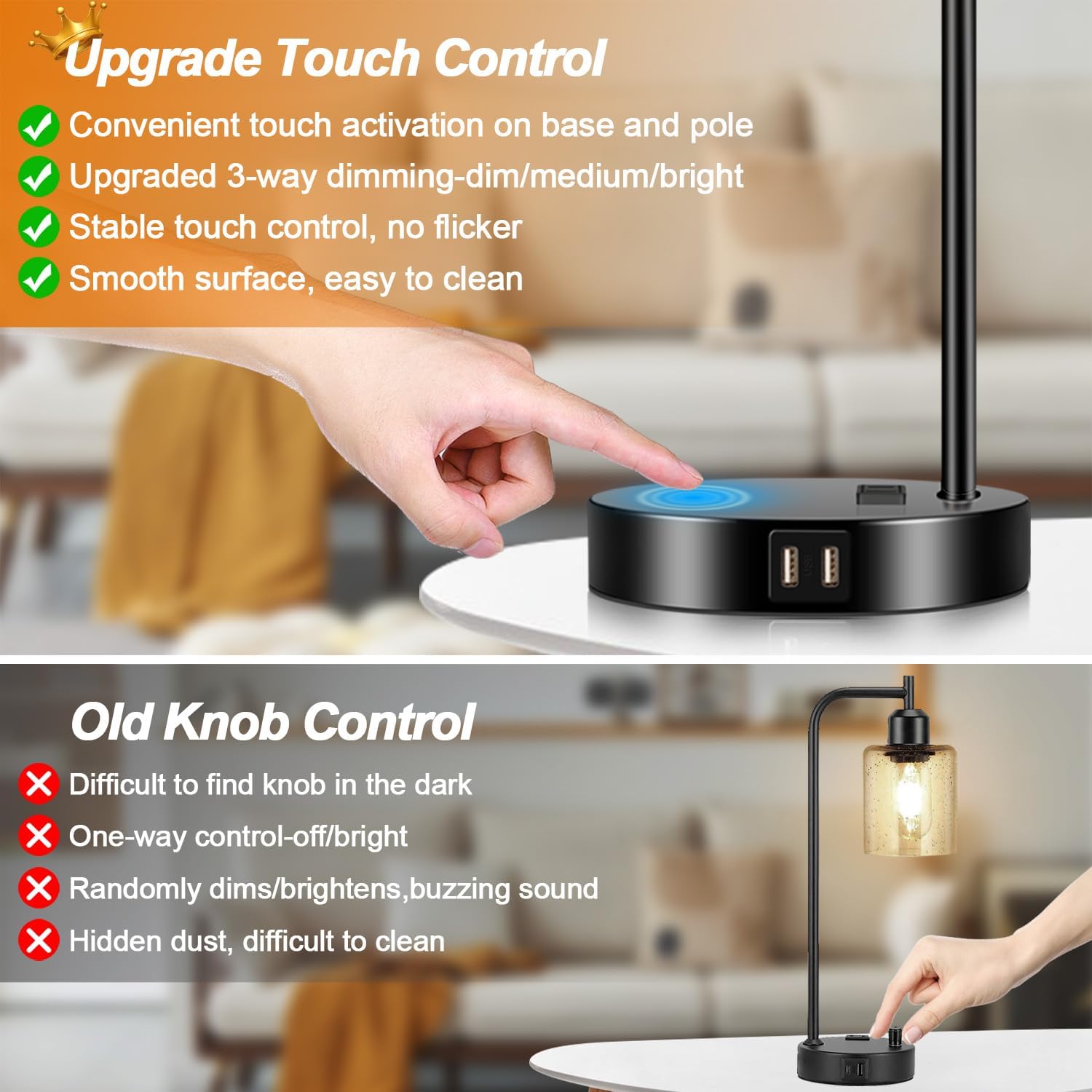 Set of 2 Industrial Touch Control Table Lamps with 2 USB Ports and AC Outlet - 3-Way Dimmable Black Bedside Lamp Nightstand Desk Lamps…
