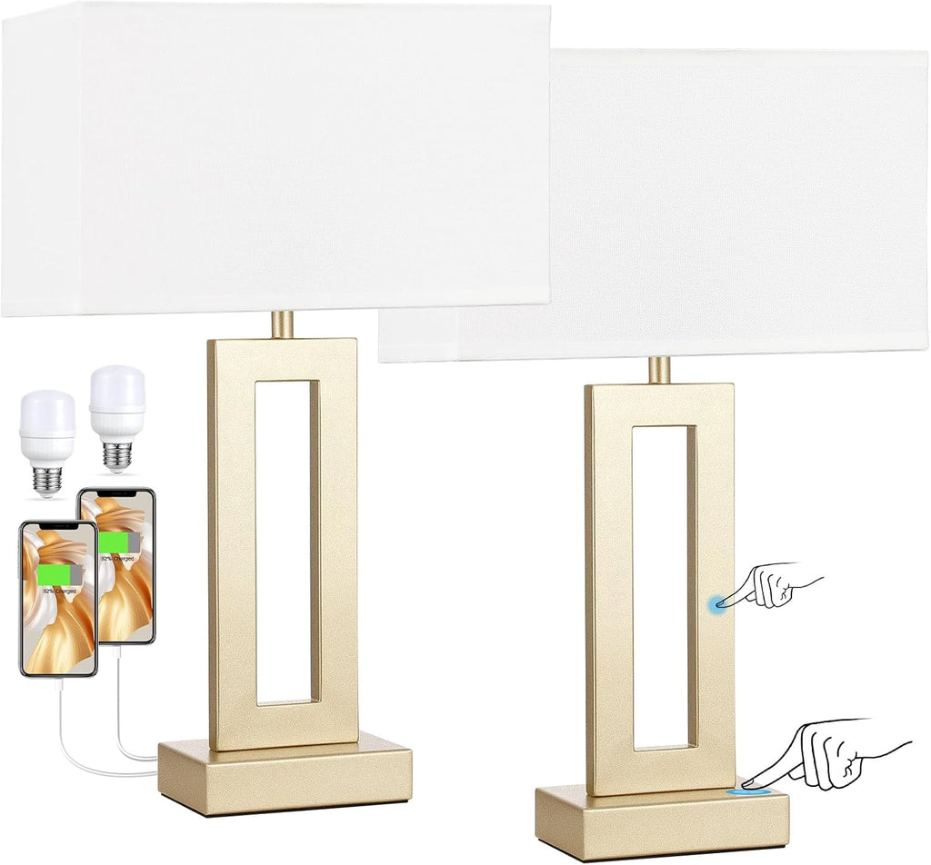 Seealle Nightstand Table Lamps for Bedrooms Set of 2 - Touch Bedside Lamp with USB C+A, 3 Way Dimmable Living Room Lamps for End Tables…