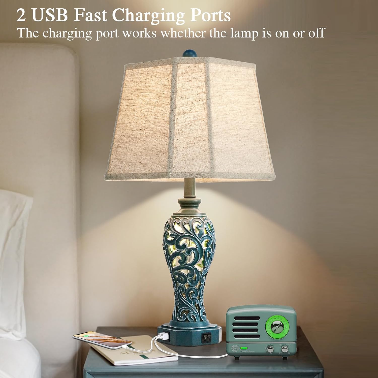 25'' Farmhouse Table Lamps Set of 2 for Living Room Bedroom, 2 USB Ports Coastal Vintage Table Lamp with Nightlight, Blue Green Hollow…