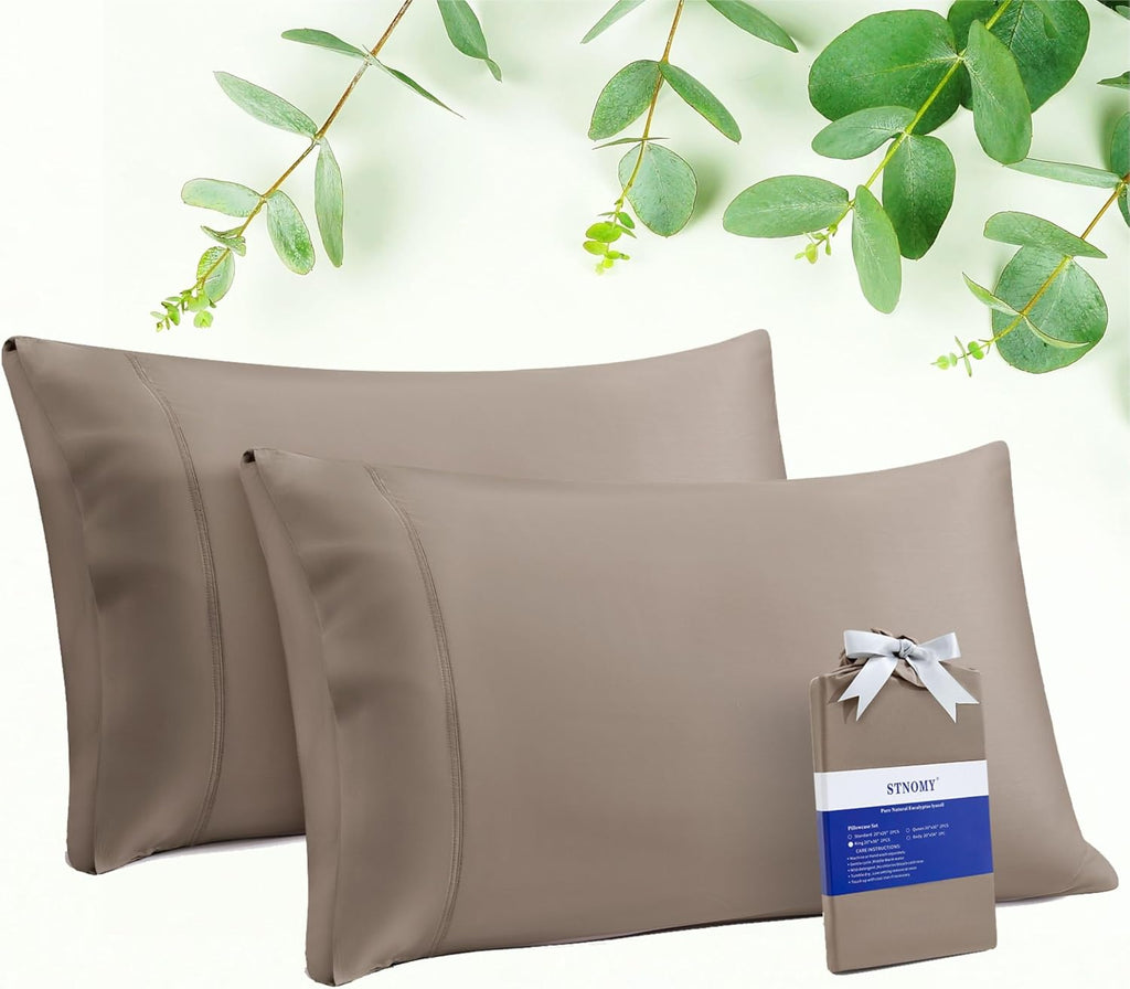 Stnomyhome Eucalyptus Tencel Cooling Pillowcase 2 Pack King Soft Brown | Moisture Wicking for Night Sweats | 3X Faster Drying | Oeko-TEX Ce…