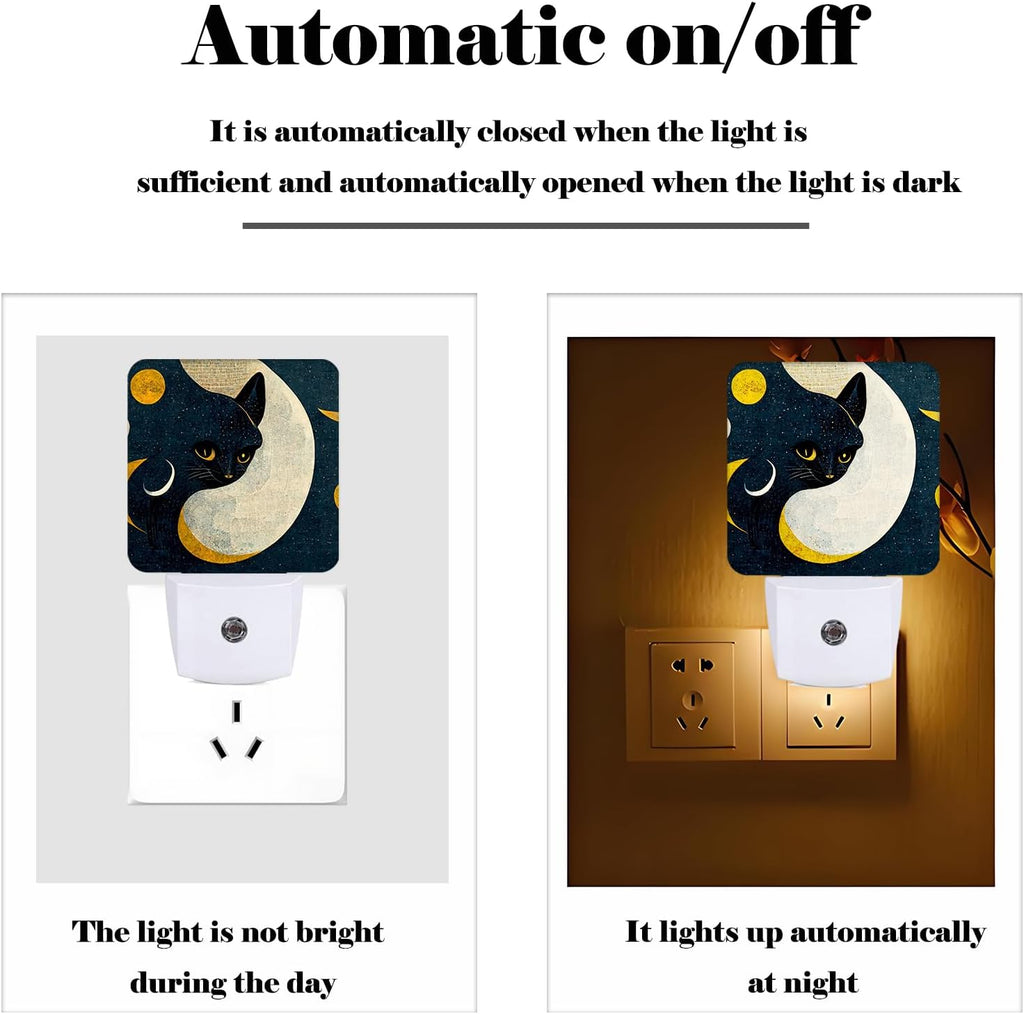 Black Cat Moon Night Light, Plug Into Wall for Boys Girls Bedroom Decorative Square Night Light Lamp 0.5w Sleep Friendly