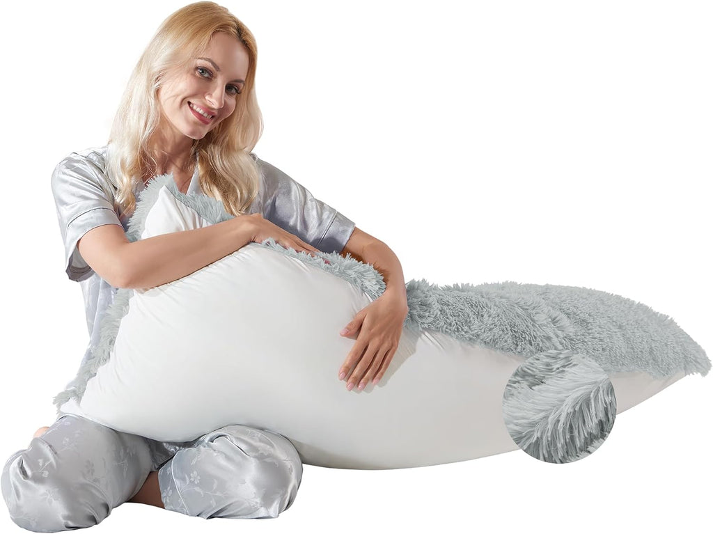 Wsofrlac Fluffy Silk Full Body Pillow for Adults 20x54 Satin Body Pillow Cover Pillowcase with Memory Foam for bed Light Grey Pregnancy Cud…