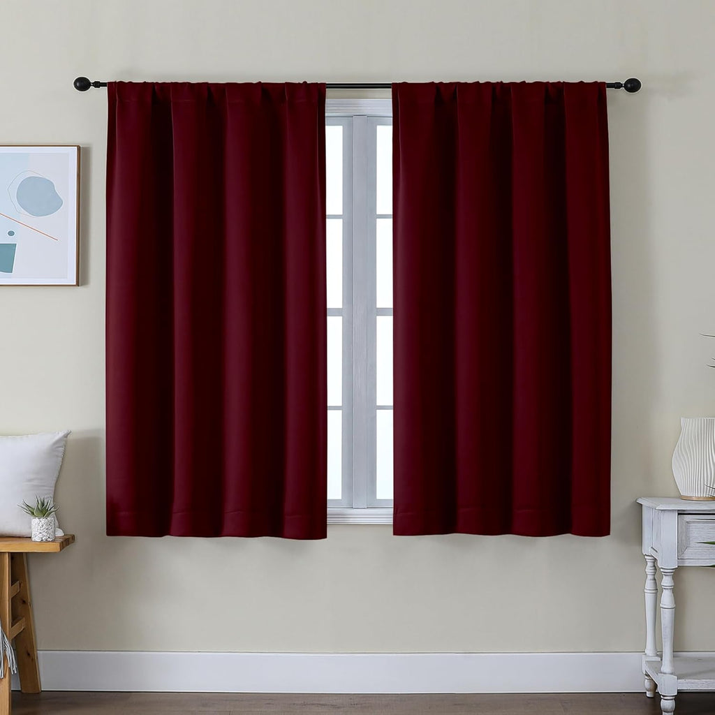 Simplebrand Ava Burgundy Short Blackout Curtains for Bedroom 45 Inches Long 2 Panels Set, Solid Thermal Insulated, Energy Saving Window Tre…