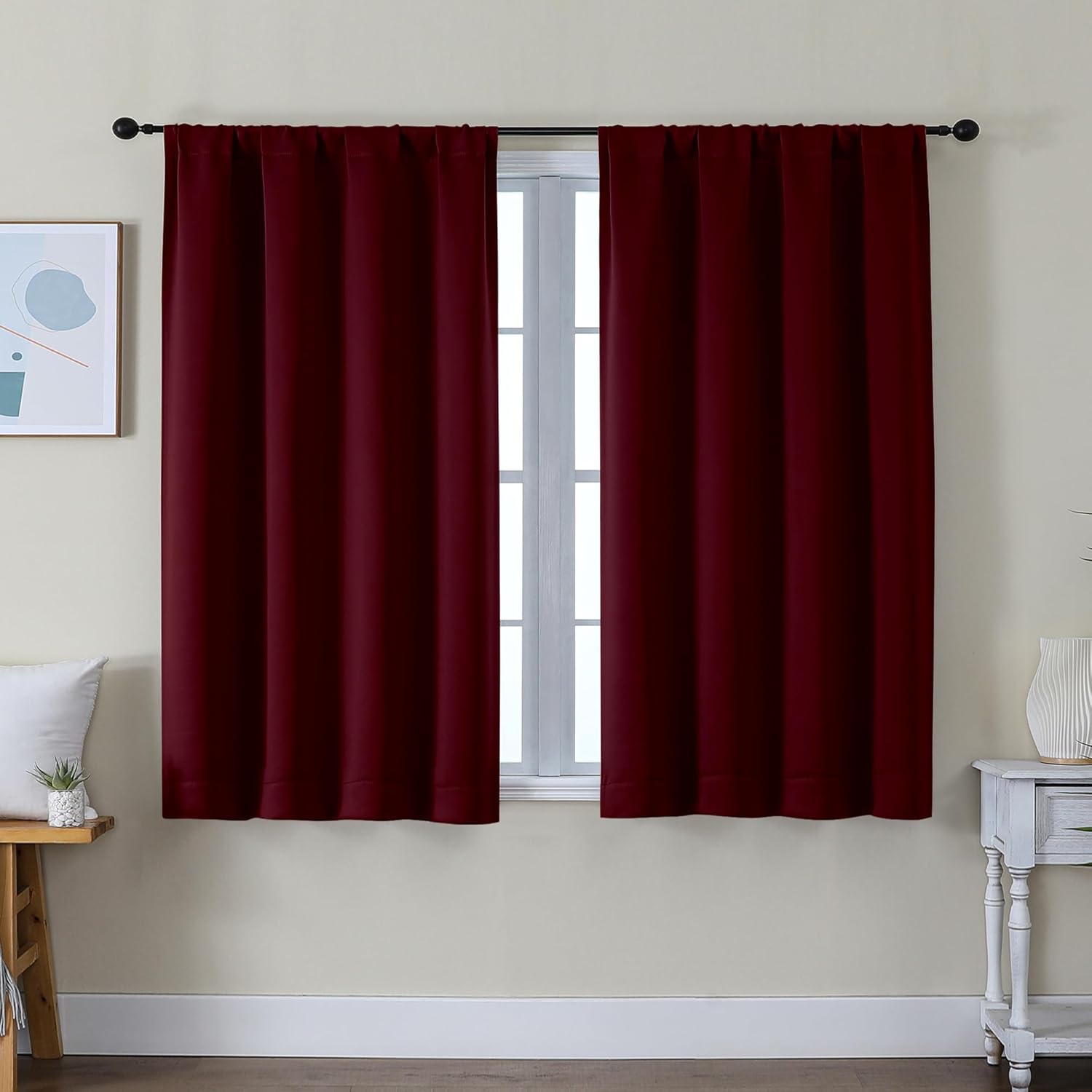 Simplebrand Ava Burgundy Short Blackout Curtains for Bedroom 45 Inches Long 2 Panels Set, Solid Thermal Insulated, Energy Saving Window Tre…