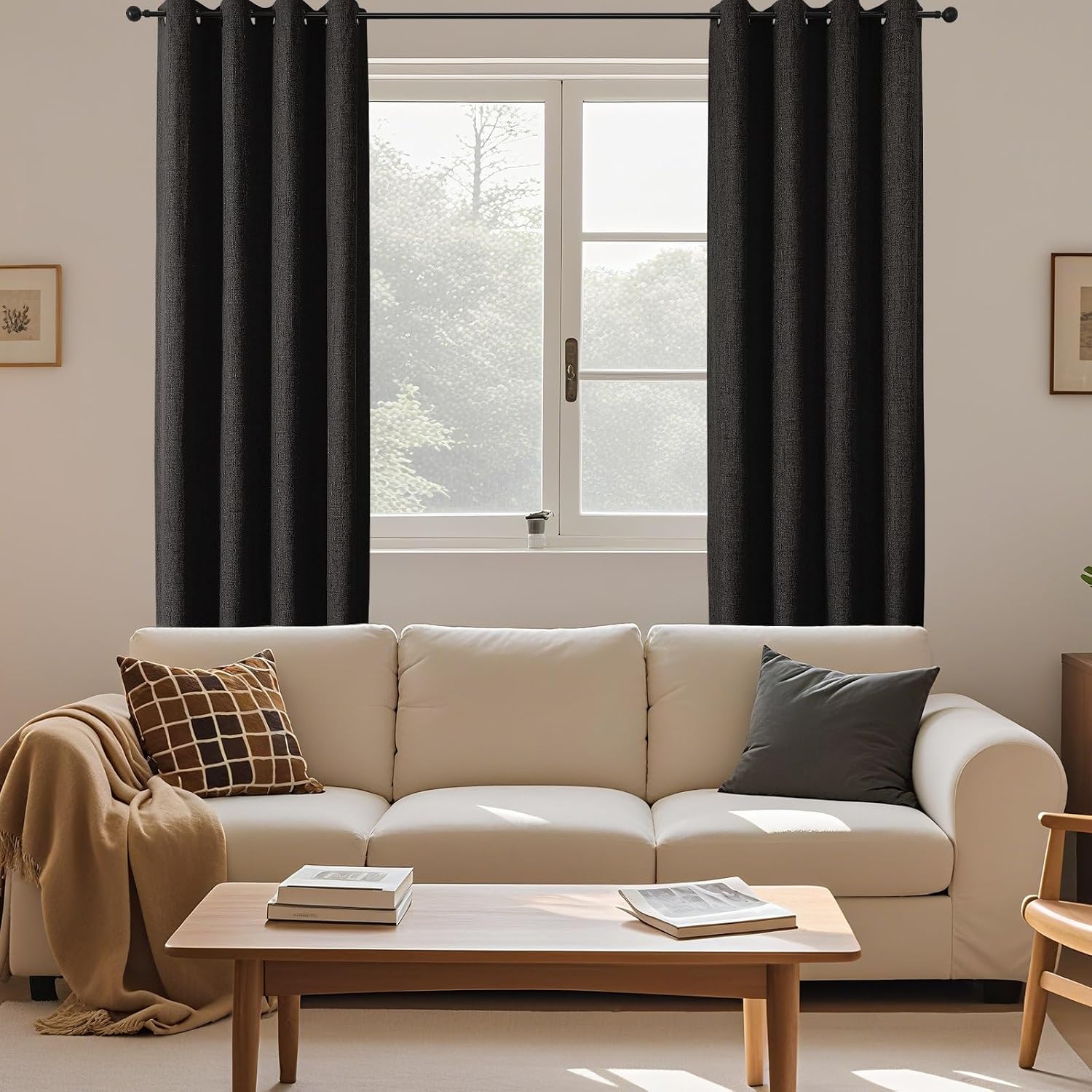 Cucraf 100% Blackout Curtains 63 inches Length 2 Panels Set, Room Darkening Linen Textured Curtain Grommet for Bedroom Living Room, Light B…