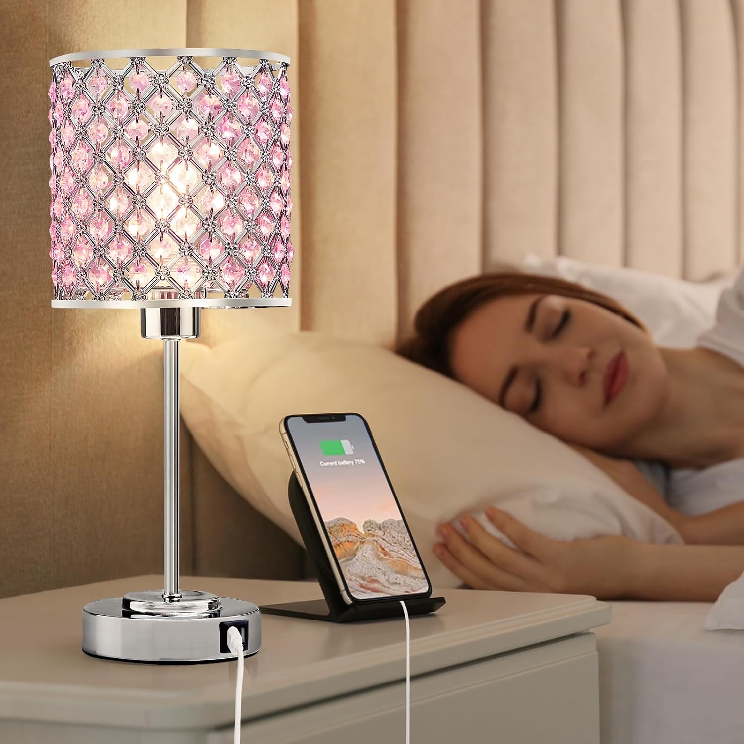 GyroVu Crystal Table Lamp, Bedside Crystal Lamp, Dimmable Touch Nightstand Lamp with USB-C+A Charging Ports Pink Night Lights Decorative…