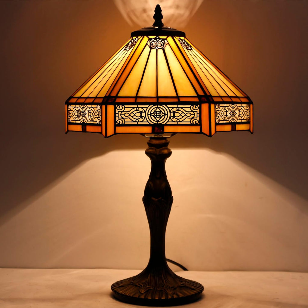 WERFACTORY Tiffany Lamp Yellow Hexagon Stained Glass Mission Style Table Lamp Desk Bedside Reading Light 12X10X18 Inches Decor Bedroom…