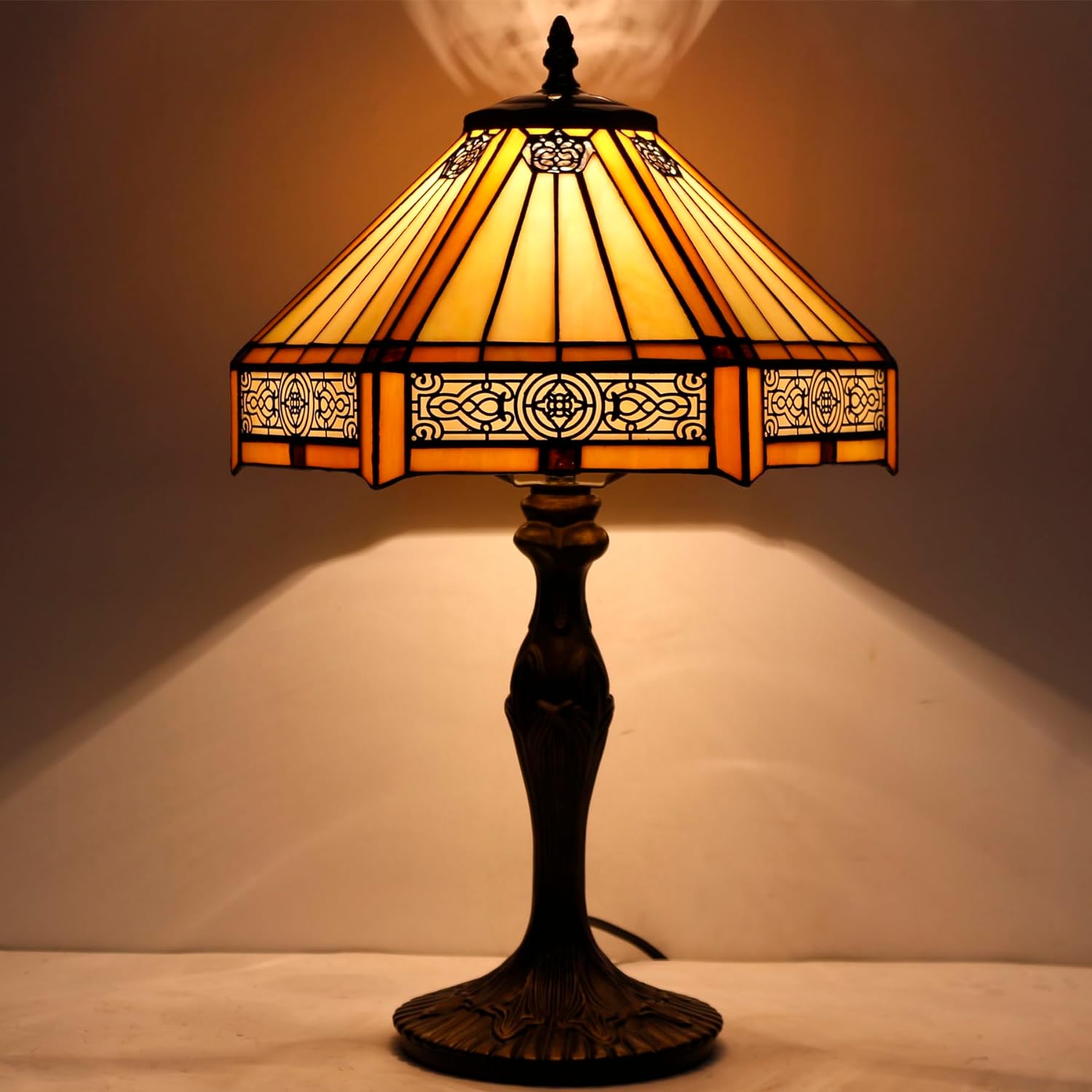 WERFACTORY Tiffany Lamp Yellow Hexagon Stained Glass Mission Style Table Lamp Desk Bedside Reading Light 12X10X18 Inches Decor Bedroom…