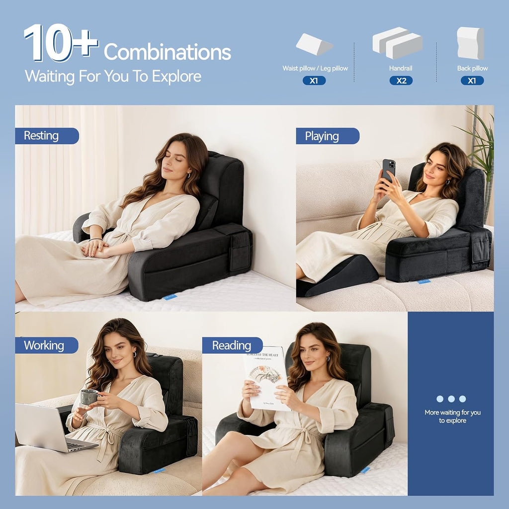 Kayfia Reading Pillow, 10 in 1 Back Pillow for Bed Sitting up with Detachable Arms Rest, Back Rest with Gel Memory Foam…