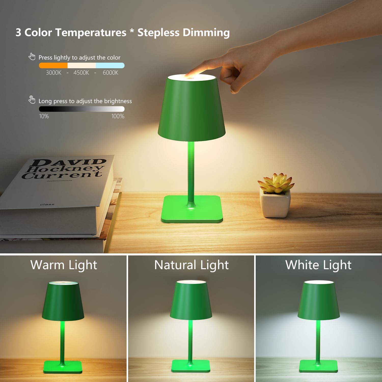 Yogaret Green Cordless Table Lamp Set of 2-3 Color Stepless and Dimmable - for Restaurant Dining Bedroom Home Bar
