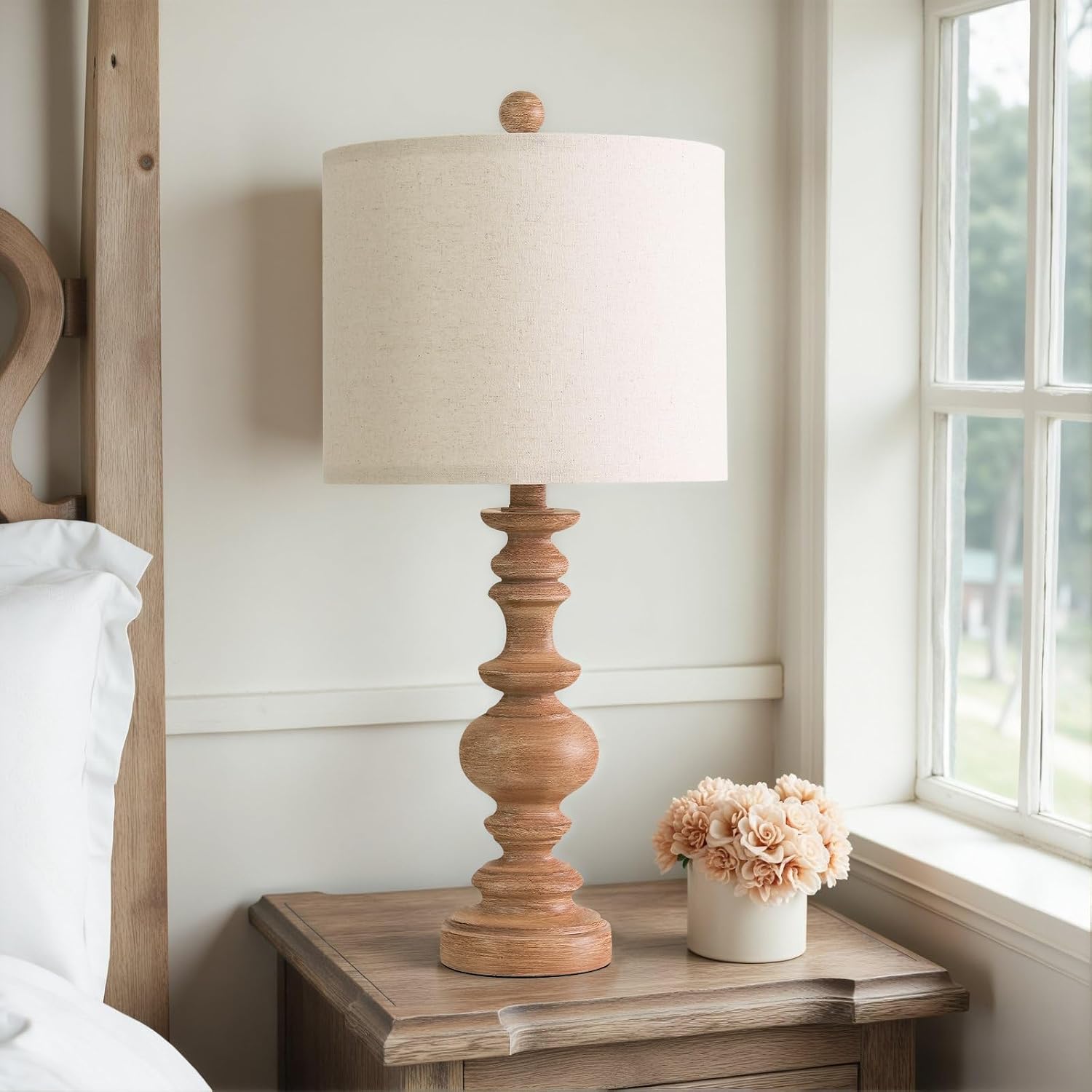 BOBOMOMO 24" Farmhouse Table Lamps Set of 2 – Rustic Light Brown Resin Bedside Lamps with Linen Shades, Medium Size Nightstand Lamps for…