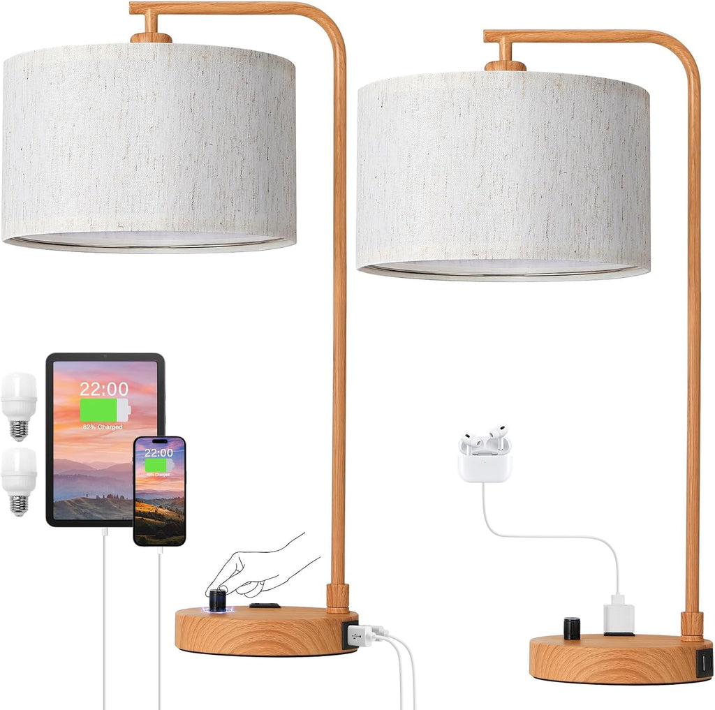 Innqoo Bedside Table Lamps for Bedroom Set of 2-Dimmable Nightstand Lamps with USB Port and Outlet, Modern Wood Lamps with Linen…