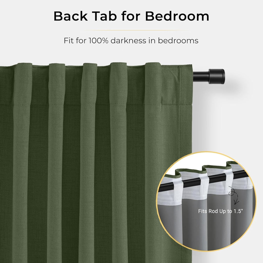 INOVADAY 100% Blackout Curtains for Bedroom, Black Out Curtains 96 Inch Long, Clip Rings Linen Blackout Drapes, Thermal Insulated Room…