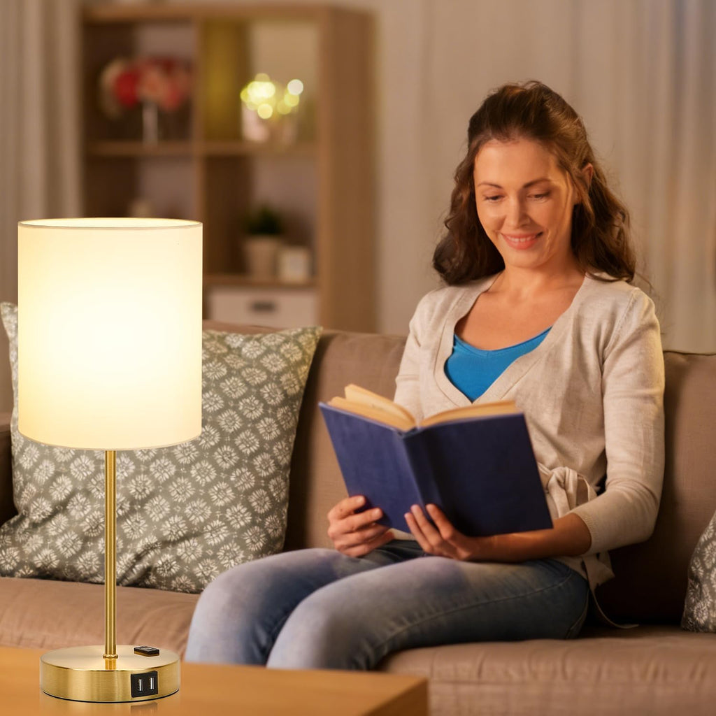 Lynnoland 2 Pack Touch Control Table Bedside Lamps with 2 USB & AC Outlet, 3-Way Dimmable Bedside Nightstand Lamps for Bedroom Living…