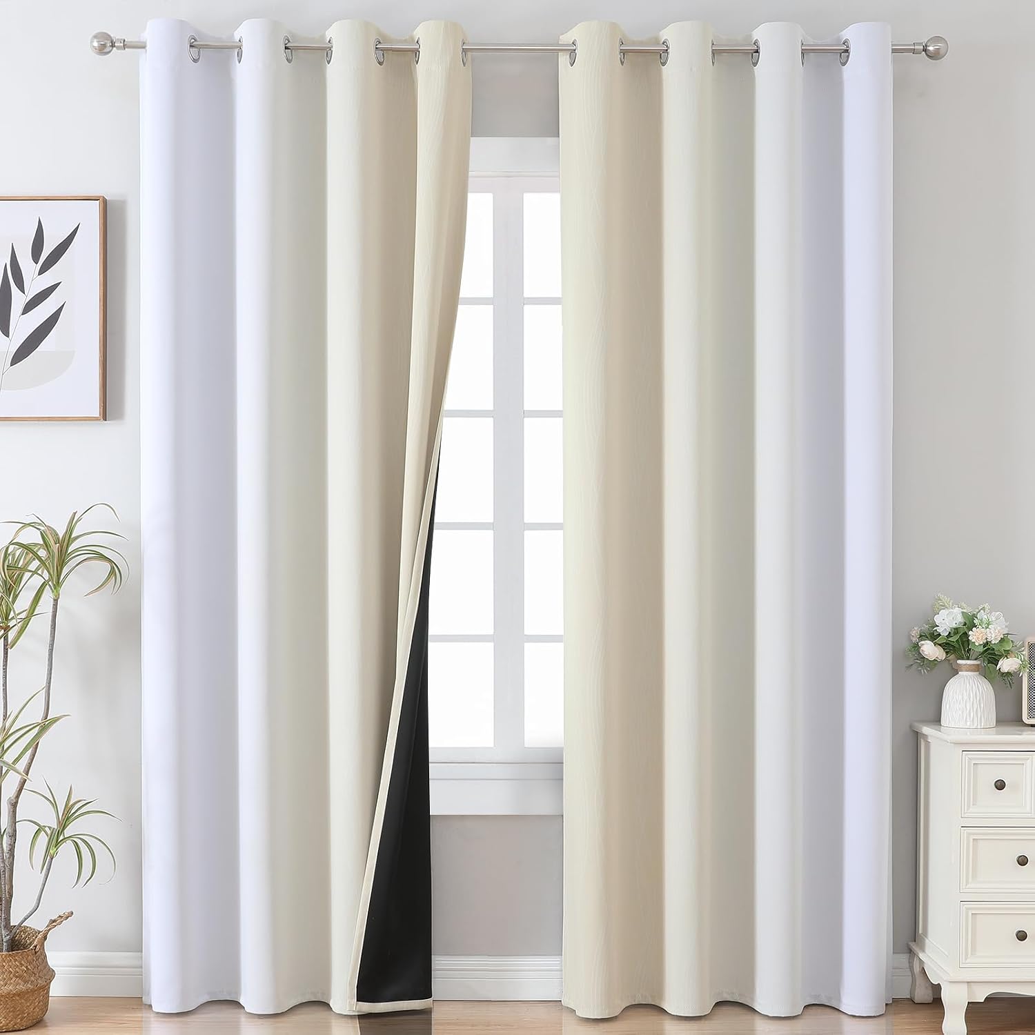 Estelartextiler Estelar Textiler Beige and Greyish White Blackout Curtains 108 Inches Long, Thermal Insulated Drapes for Bedroom, Full Ligh…