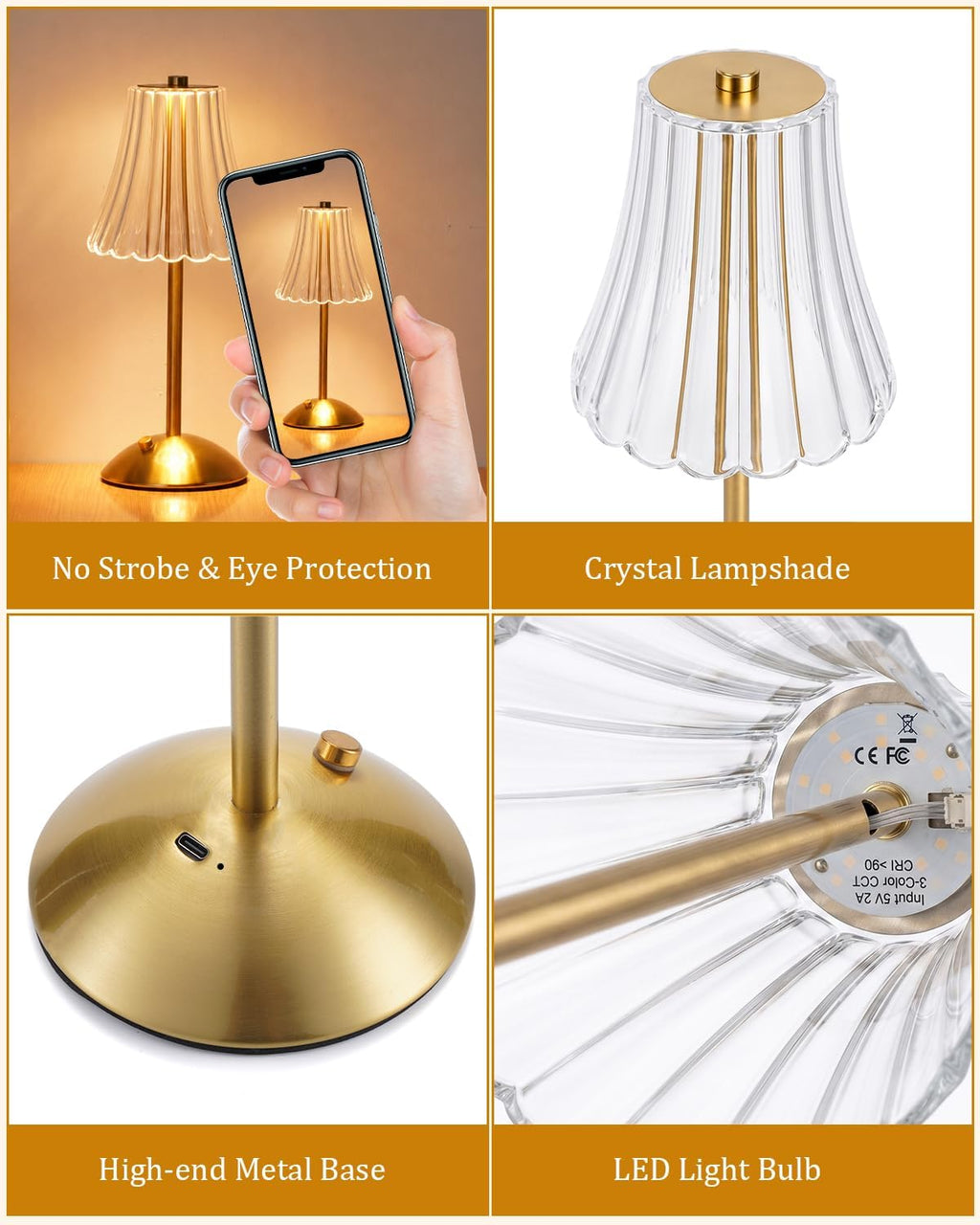 Nusogon Rechargeable Cordless Table Lamp, Touch Control Crystal Desk Lamp with 3500mAh Battery, 3 Color Dimmable LED Small Lamp for…
