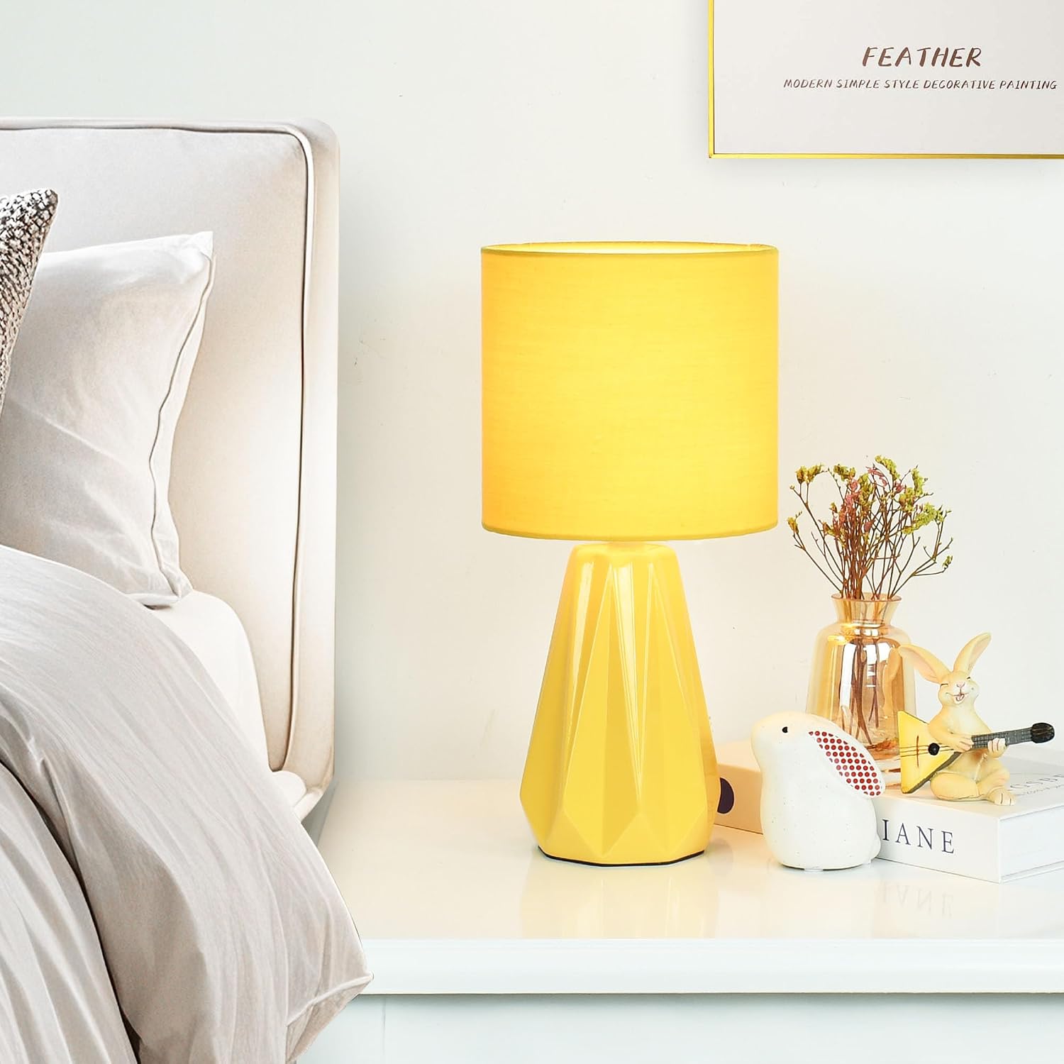 Elisa Yellow Small Table Lamp for Living Room as Bedside Table Lamp for Bedroom, Modern Ceramic Kids Night Table Lamp, Φ6.1×H12.4IN, Bulb…