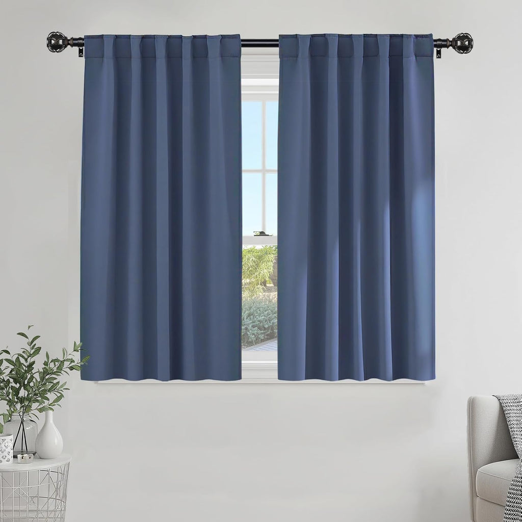 Ponydance PONY DANCE Blue Room Darkening Curtains 45 inch Length, Window Treatment Panels Back Tab/Rod Pocket Thermal Insulated Short Black…