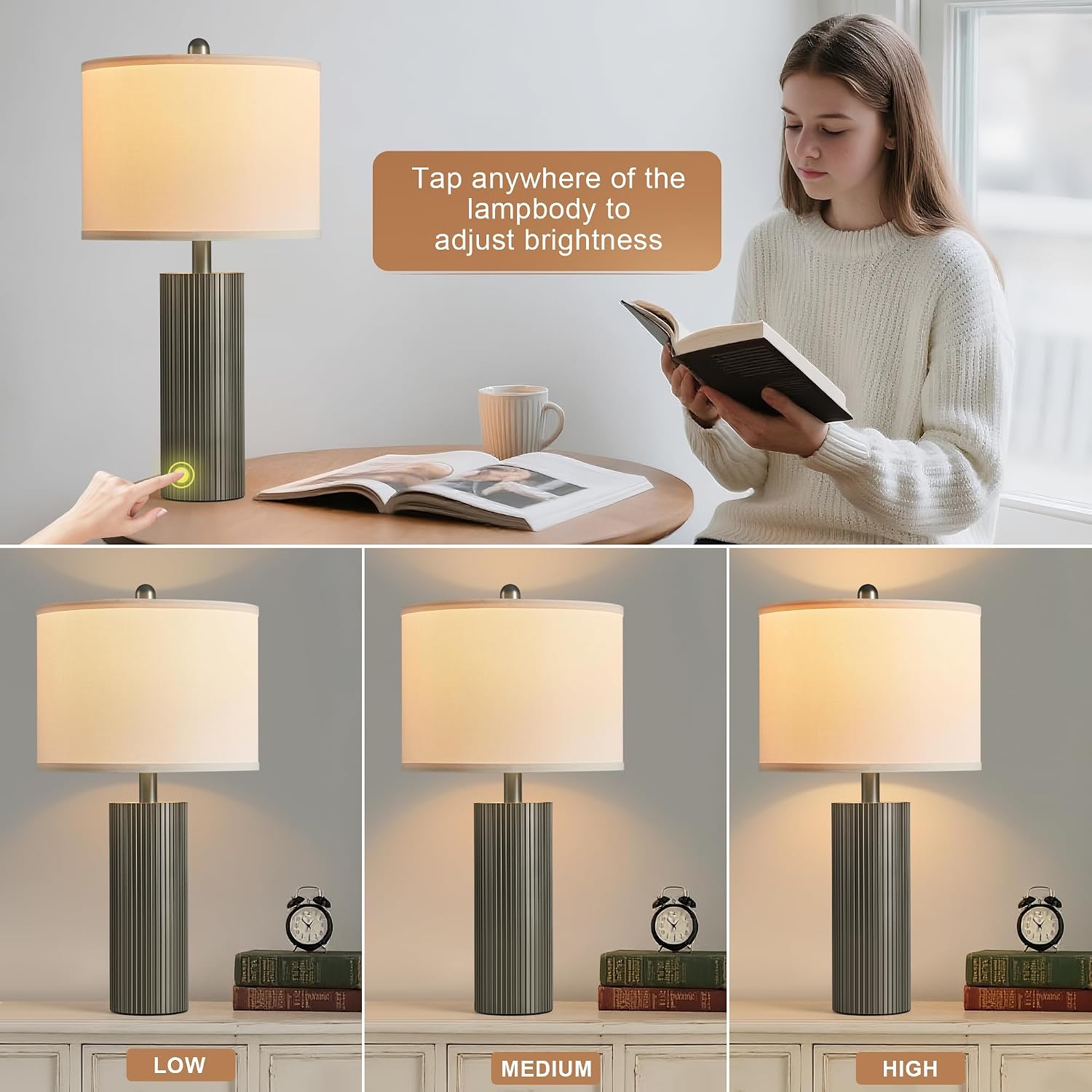 Table Lamps for Living Room Set of 2, 24.5" Modern Table Lamps for Bedroom with USB C+A Ports, Creative Stripe Touch Lamps for…