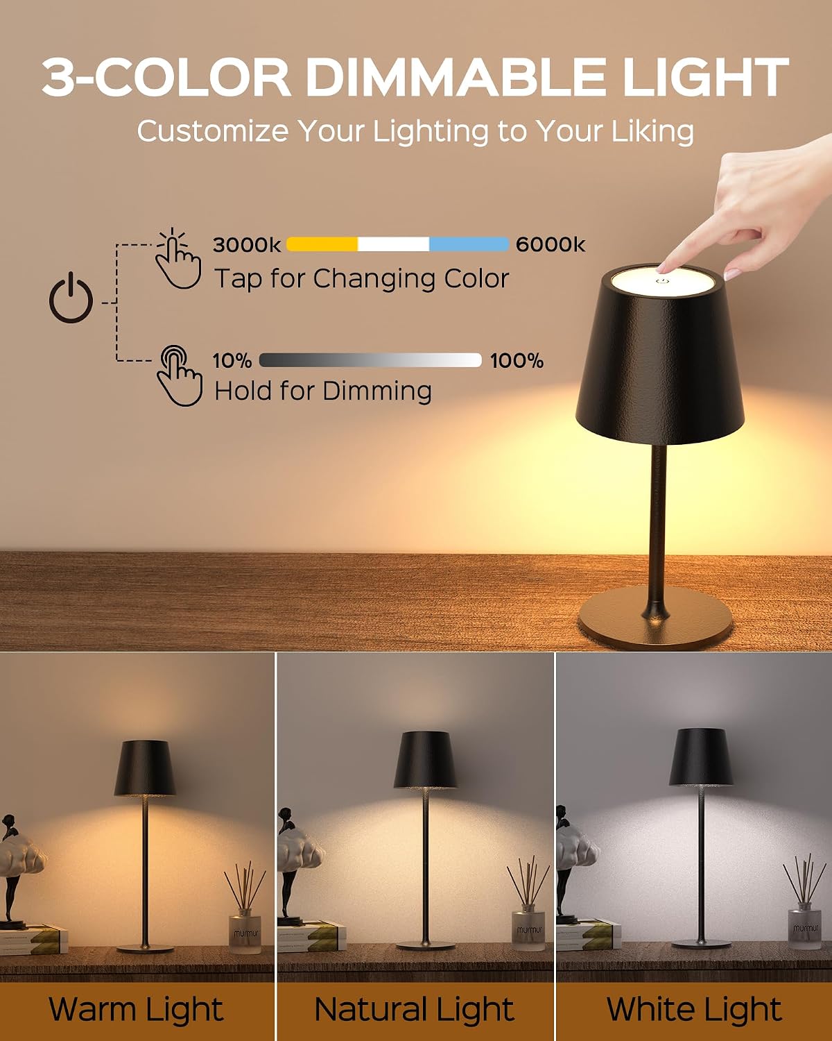 JACKYLED Cordless Table Lamps Rechargeable, 3 Adjustable Height, 5000mAh Battery Operated, 3 Colors Smooth Dimming, Portable LED…