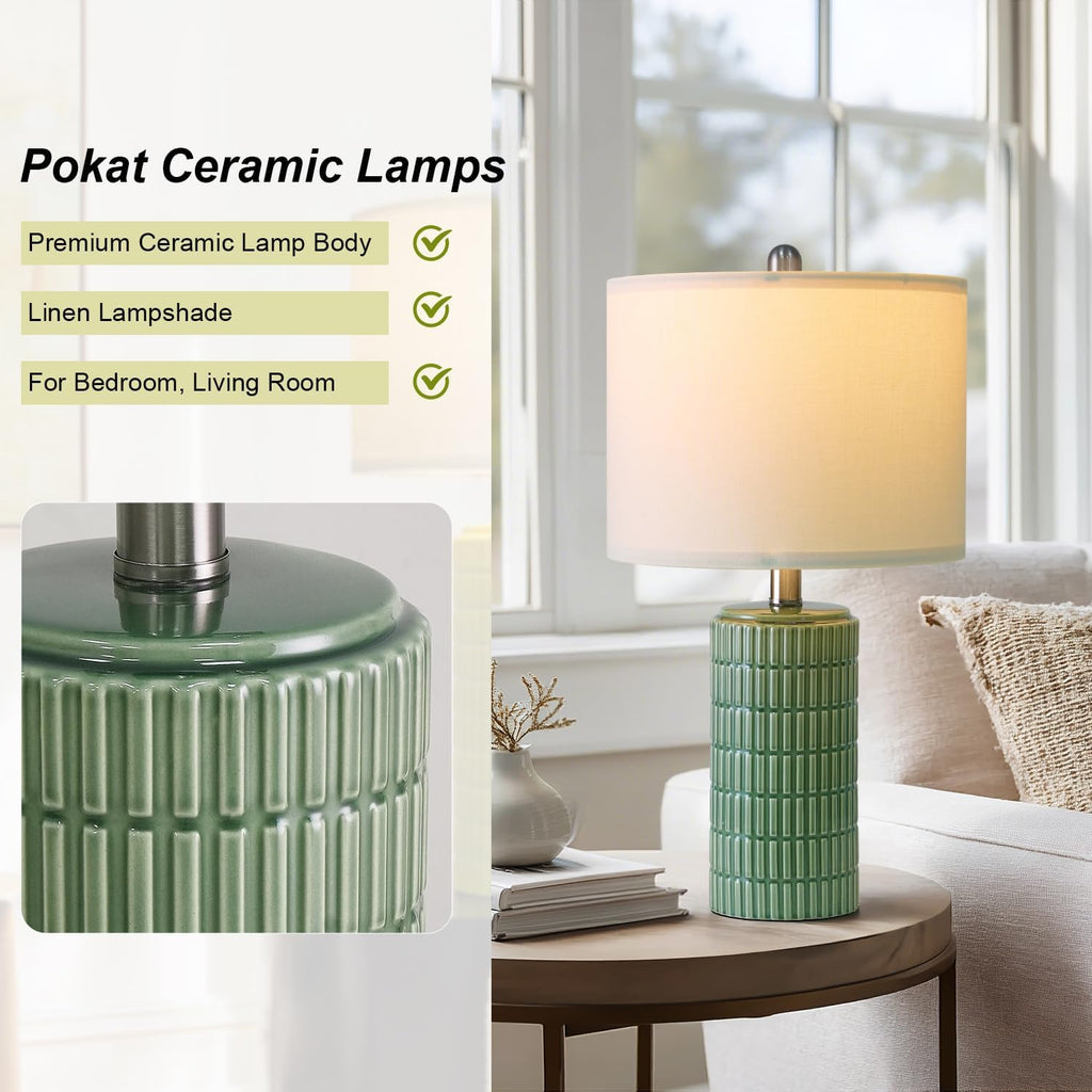 PoKat 20.75" Small Modern Ceramic Table Lamps Set of 2 for Bedroom, Green Bedside Lamps for Night Stands, Farmhouse House Decor…