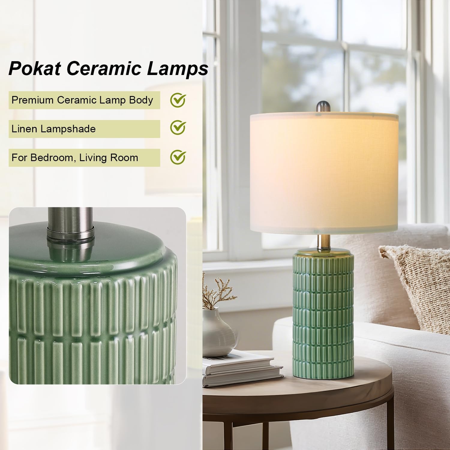PoKat 20.75" Small Modern Ceramic Table Lamps Set of 2 for Bedroom, Green Bedside Lamps for Night Stands, Farmhouse House Decor…