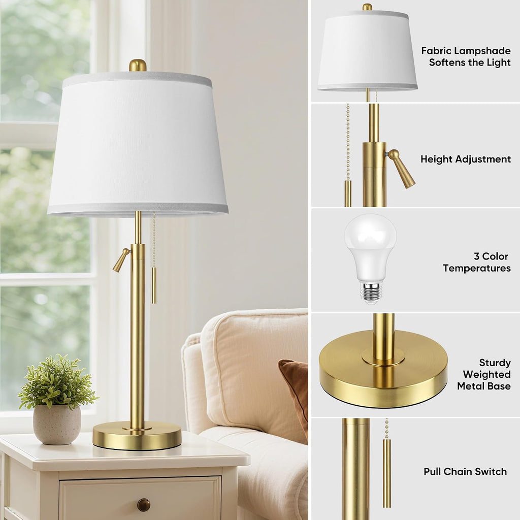 Tall Table Lamps Set of 2, Modern Gold Table Lamps with White Shade for Living Room, Height Adjustable Nightstand Lamps for Bedroom, 3…