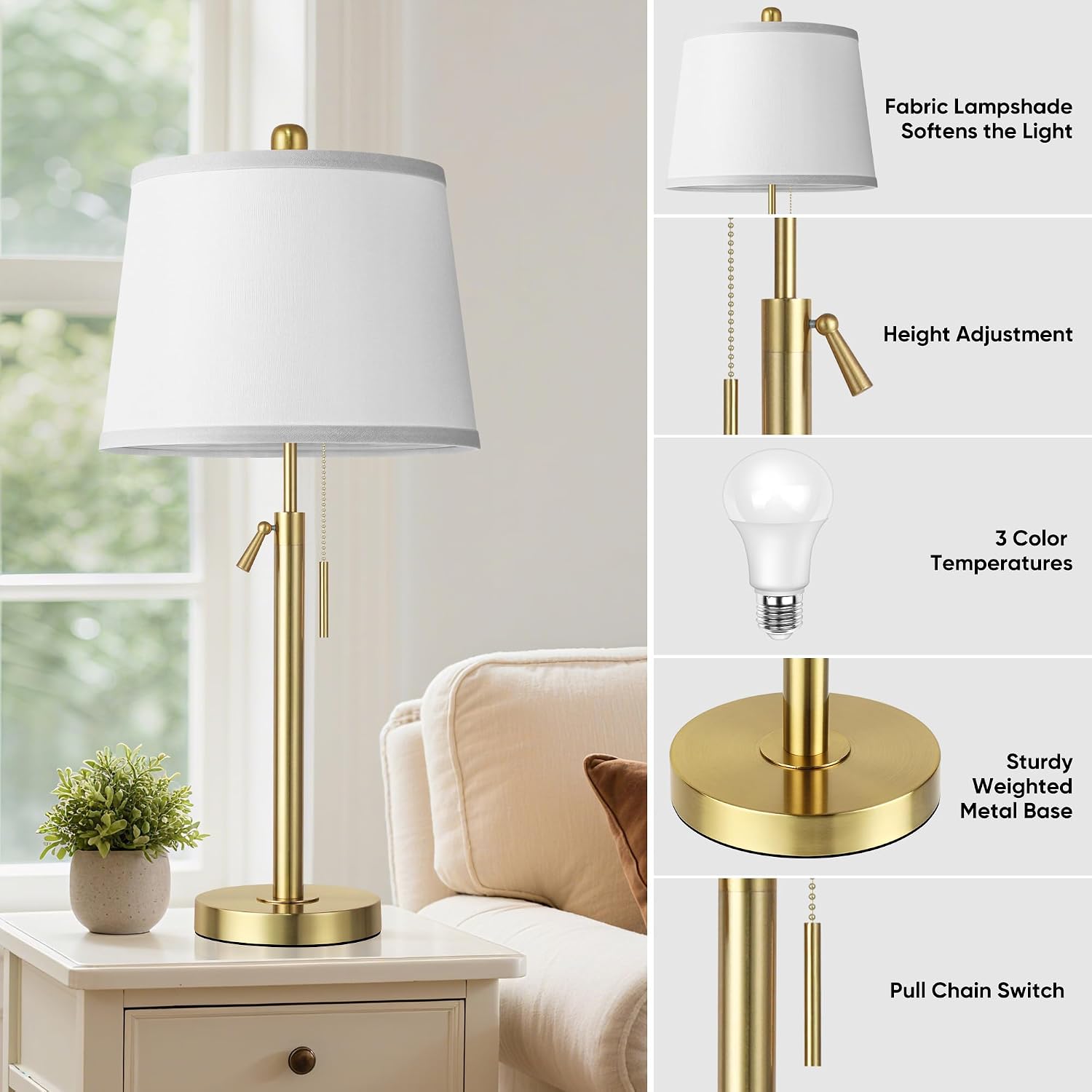 Tall Table Lamps Set of 2, Modern Gold Table Lamps with White Shade for Living Room, Height Adjustable Nightstand Lamps for Bedroom, 3…