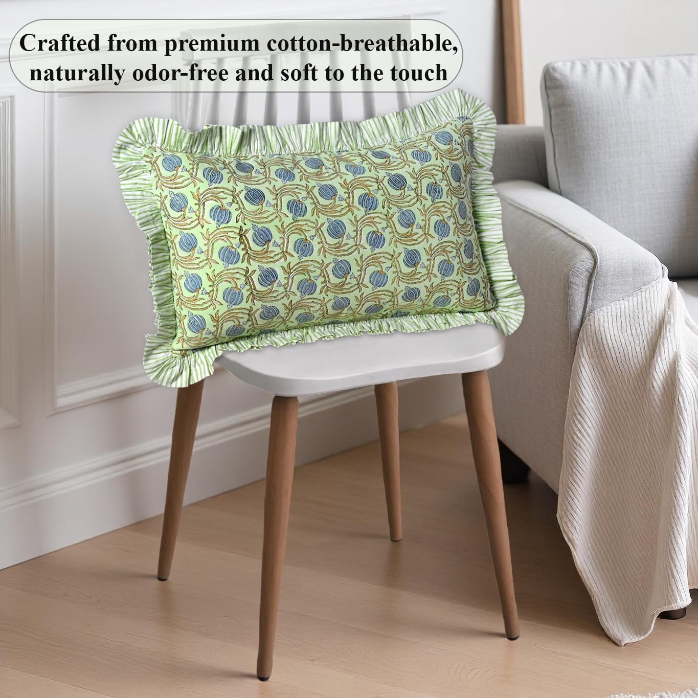 Ridhi Block Print Apple Green Floral 20"x12" Set 1-100% Cotton Ruffle Lumbar Sham Cover Boho Floral Pillowcase, Farmhouse Cottagecore…