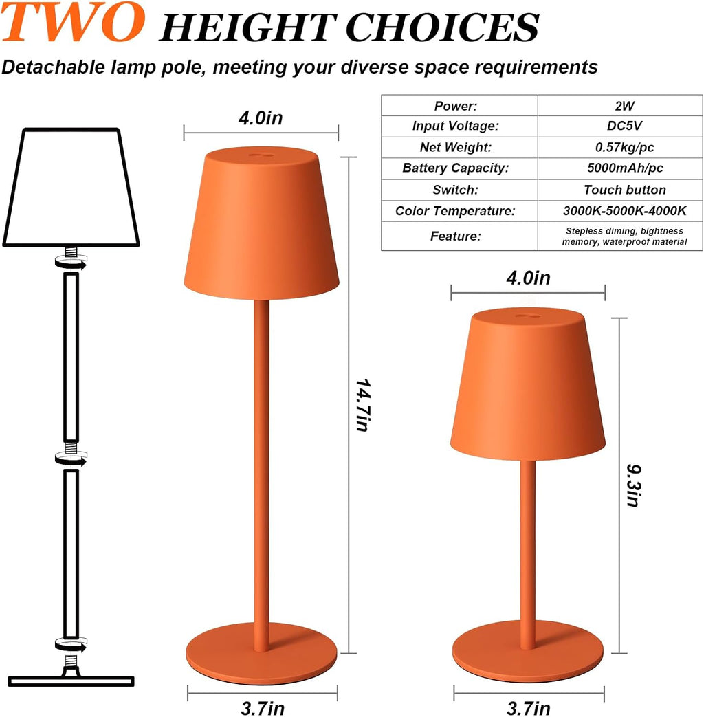 Kakanuo Cordless Table Lamp Rechargeable Orange - KK 2 Pack 5000mAH Battery Operated Lamp for Counter, 3 Color Stepless Dimming Wireless…