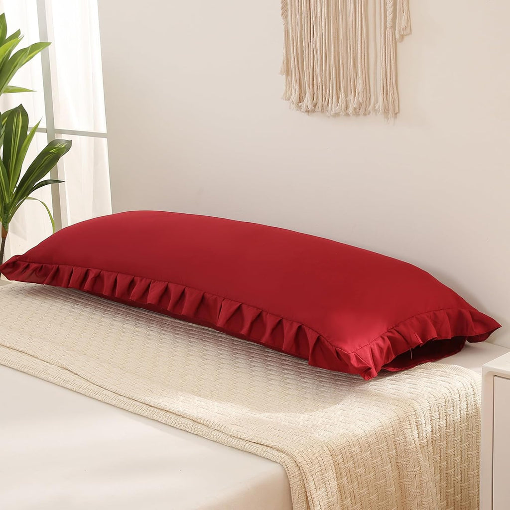 Merryword Burgundy Body Pillow Cover 20x54inches Long Pillowcase Ruffled Pillowcases Shabby Chic Ruffled Fringe Decor Body Ruffled Pillow S…
