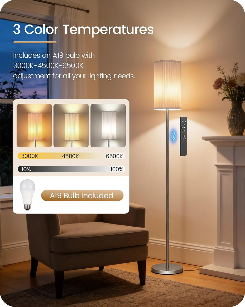 64.2''Dimmable Floor Lamp for Living Room with Remote and Foot Switch, Corner Floor Lamp for Bedroom, Includes 10W A19 Bulb, Modern…