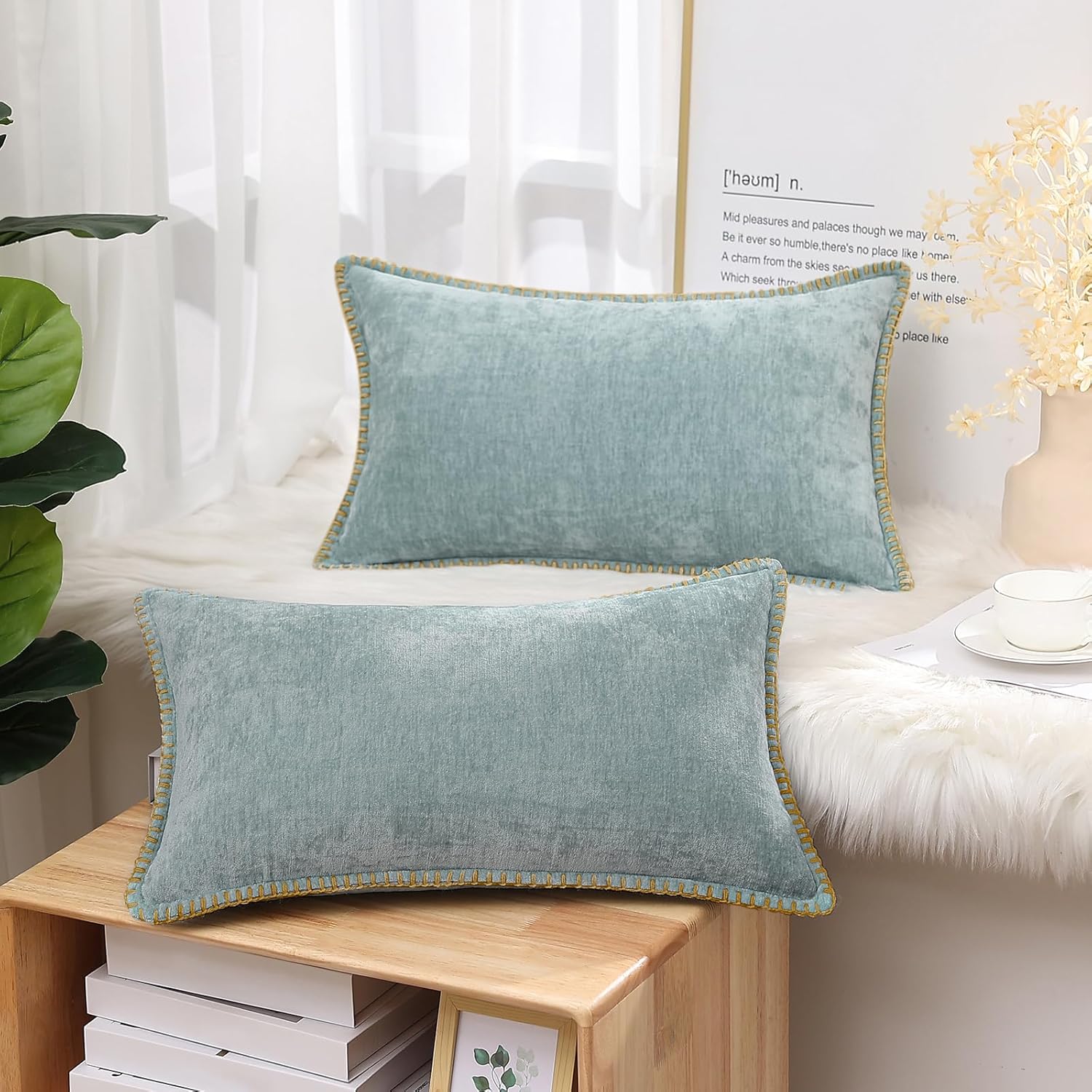 decorUhome Summer Chenille Soft Cozy Throw Pillow Covers 12x20 Set of 2, Modern Farmhouse Boho Velvet Decorative Pillow Cases with Stitched…